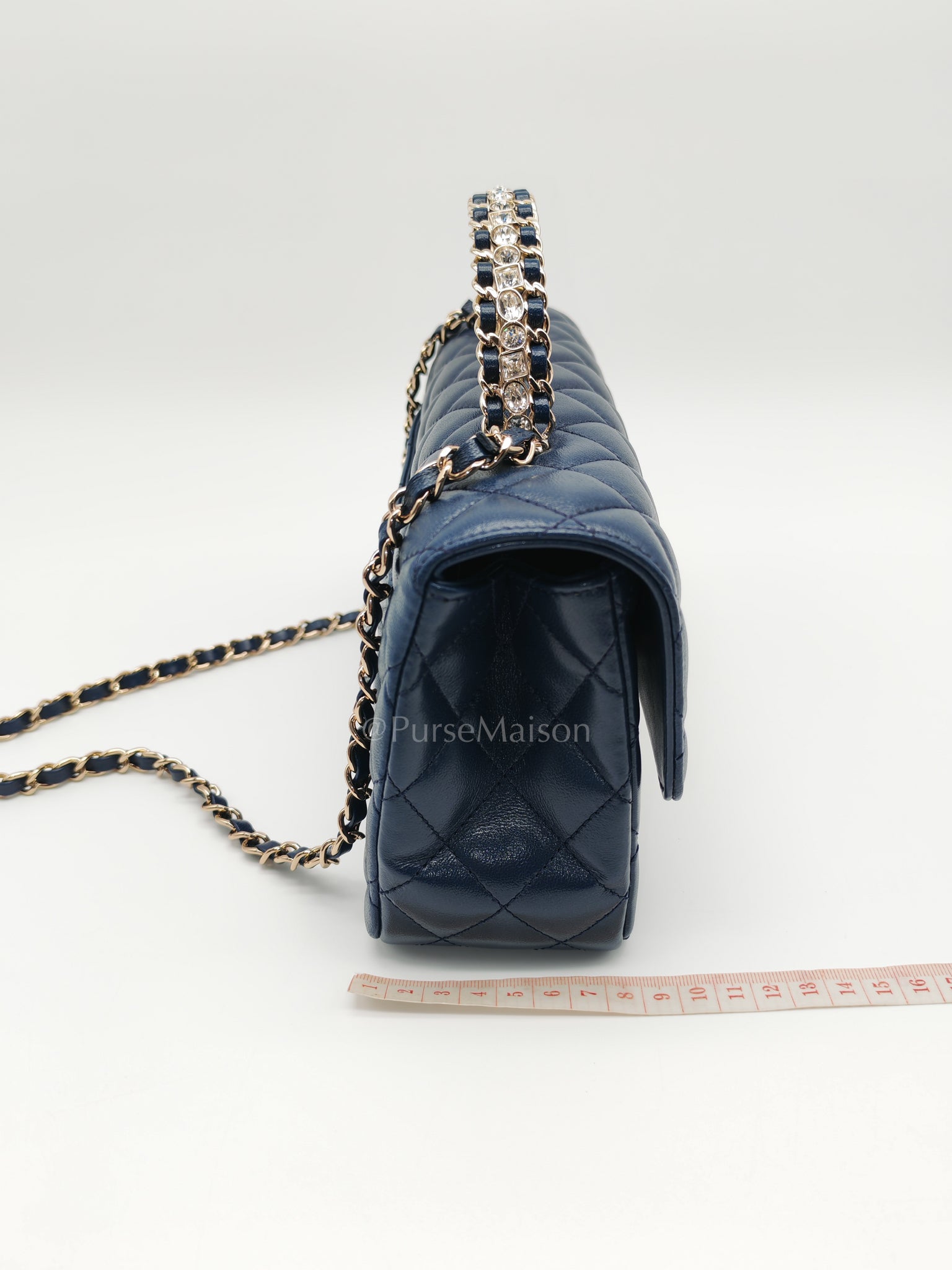 Single Flap in Crystal Top Handle Navy Blue Lambskin Leather and Light Gold Hardware Microchip | Purse Maison Luxury Bags Shop