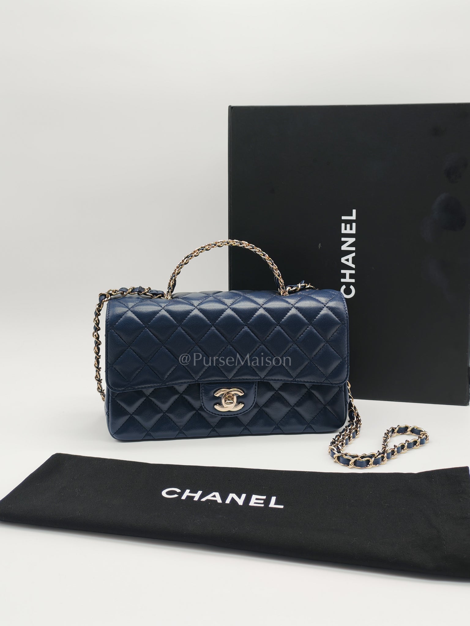 Single Flap in Crystal Top Handle Navy Blue Lambskin Leather and Light Gold Hardware Microchip | Purse Maison Luxury Bags Shop