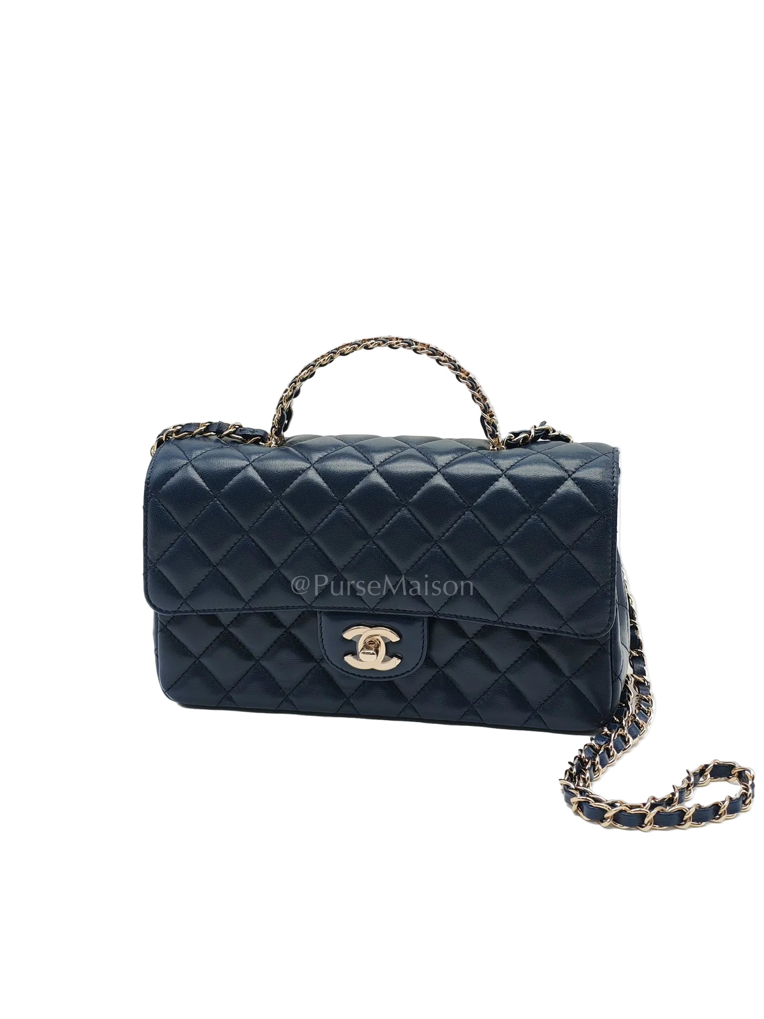 Single Flap in Crystal Top Handle Navy Blue Lambskin Leather and Light Gold Hardware Microchip | Purse Maison Luxury Bags Shop