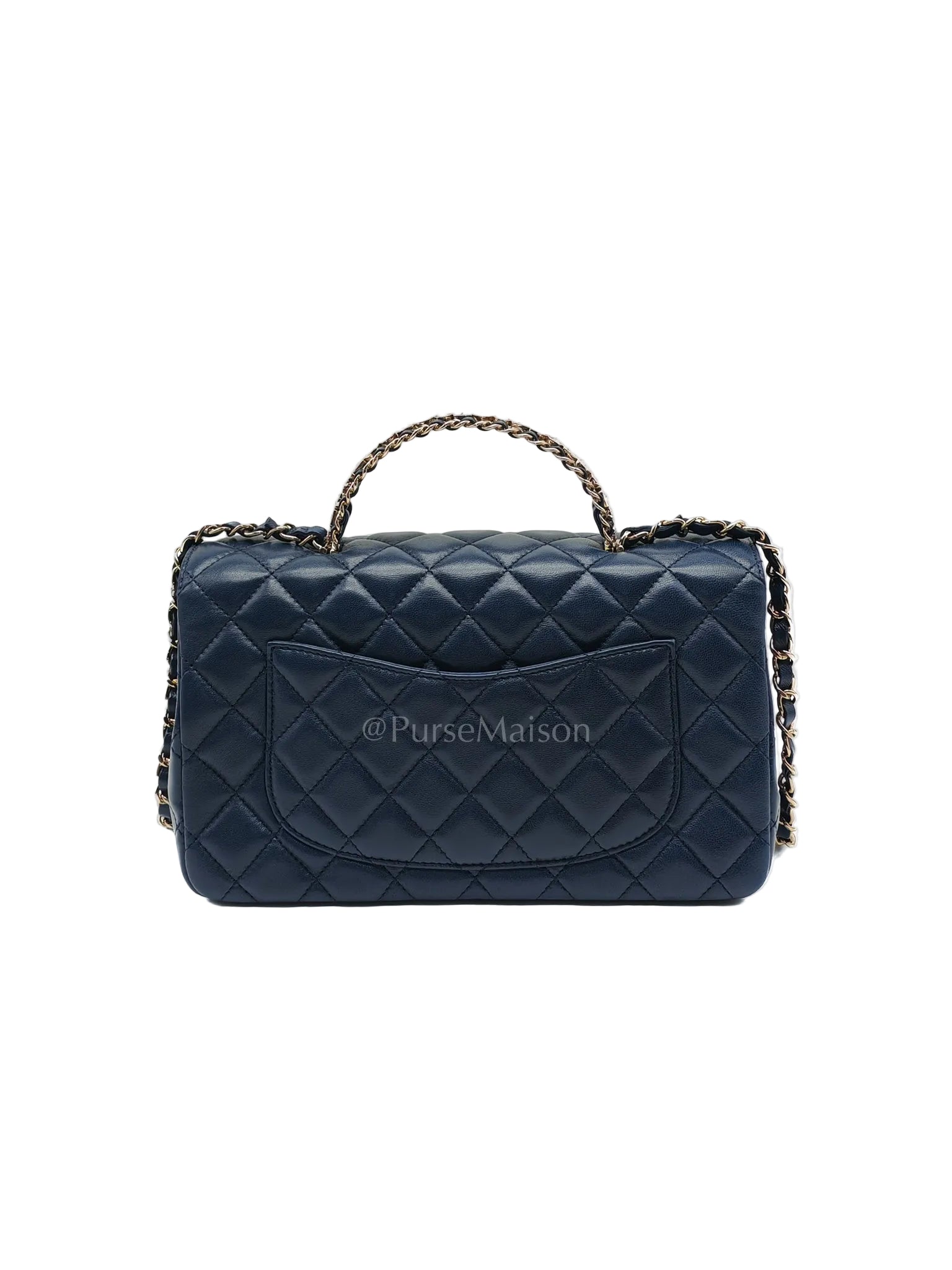 Single Flap in Crystal Top Handle Navy Blue Lambskin Leather and Light Gold Hardware Microchip | Purse Maison Luxury Bags Shop