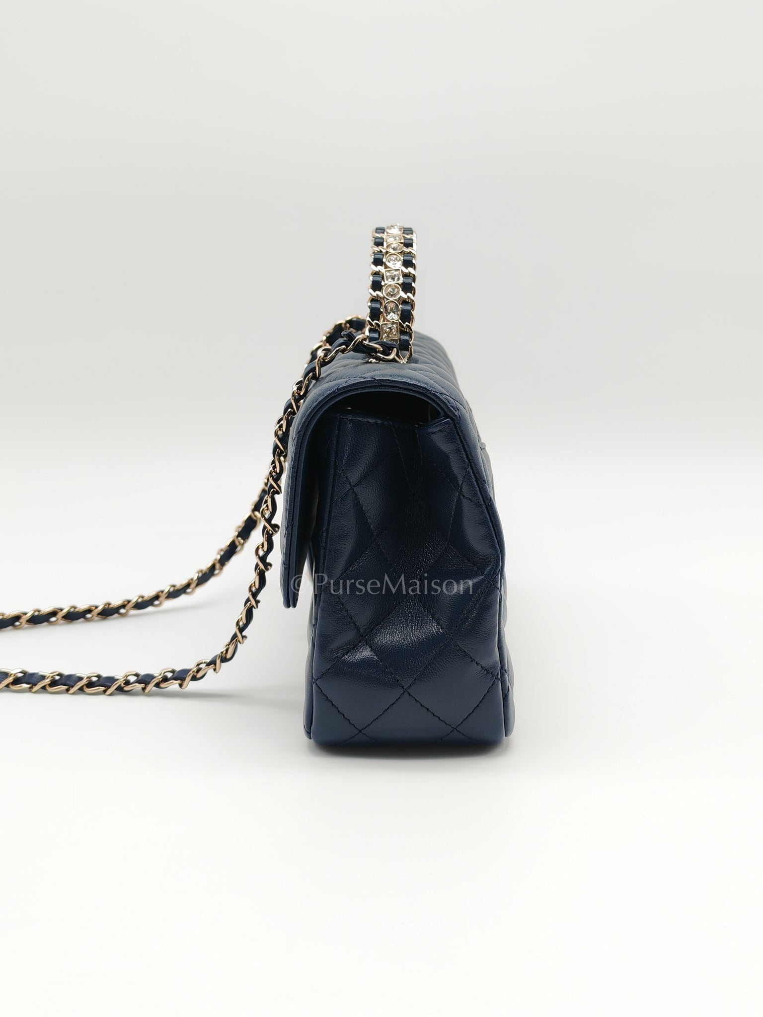 Single Flap in Crystal Top Handle Navy Blue Lambskin Leather and Light Gold Hardware Microchip | Purse Maison Luxury Bags Shop
