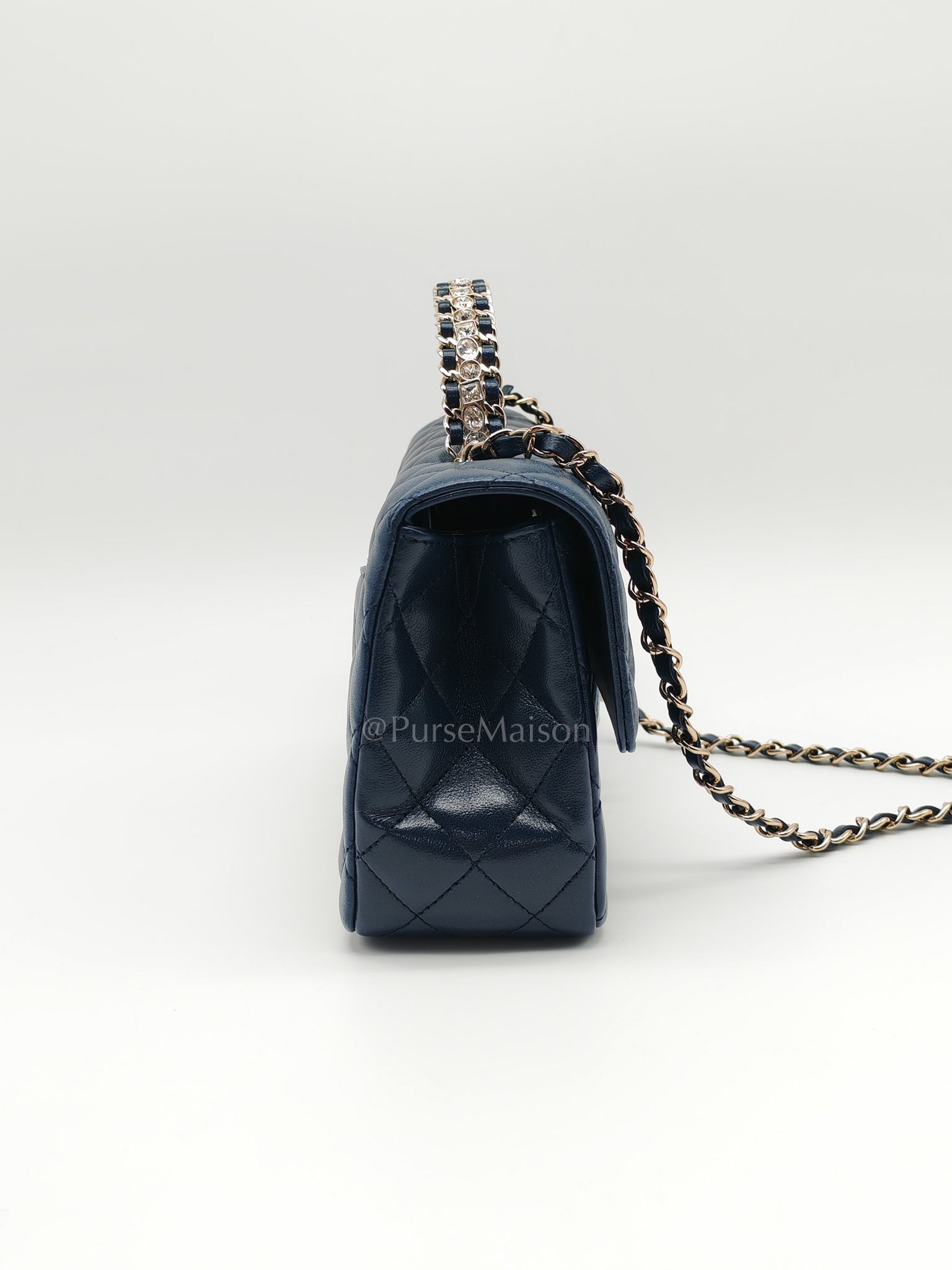 Single Flap in Crystal Top Handle Navy Blue Lambskin Leather and Light Gold Hardware Microchip | Purse Maison Luxury Bags Shop