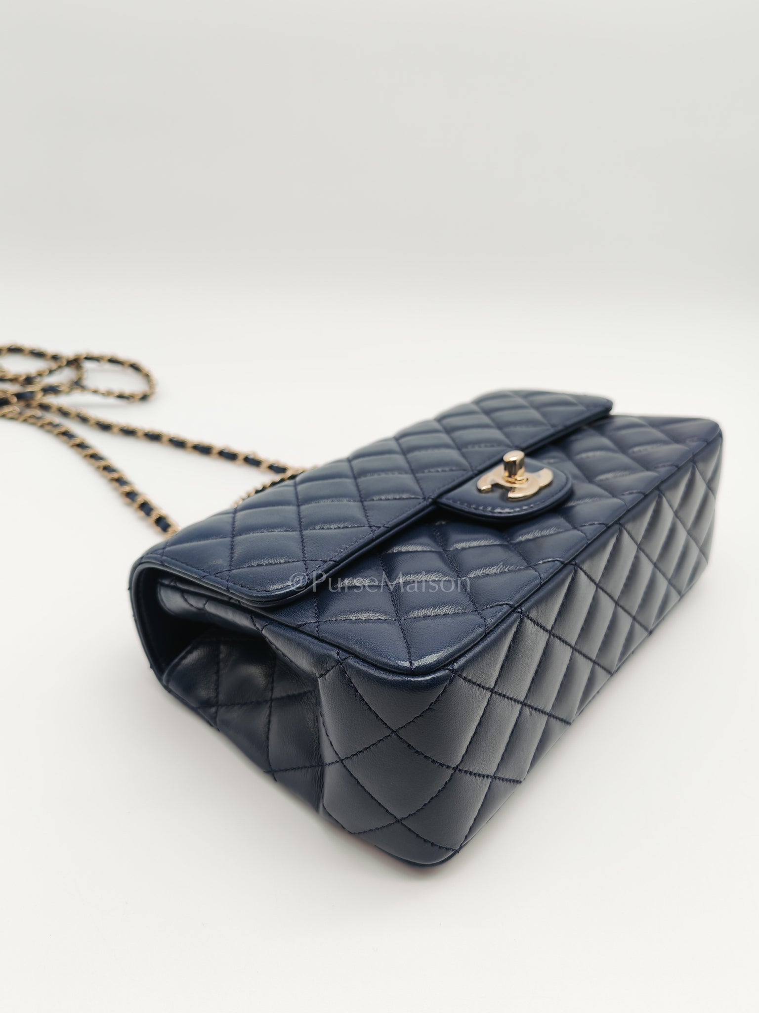 Single Flap in Crystal Top Handle Navy Blue Lambskin Leather and Light Gold Hardware Microchip | Purse Maison Luxury Bags Shop