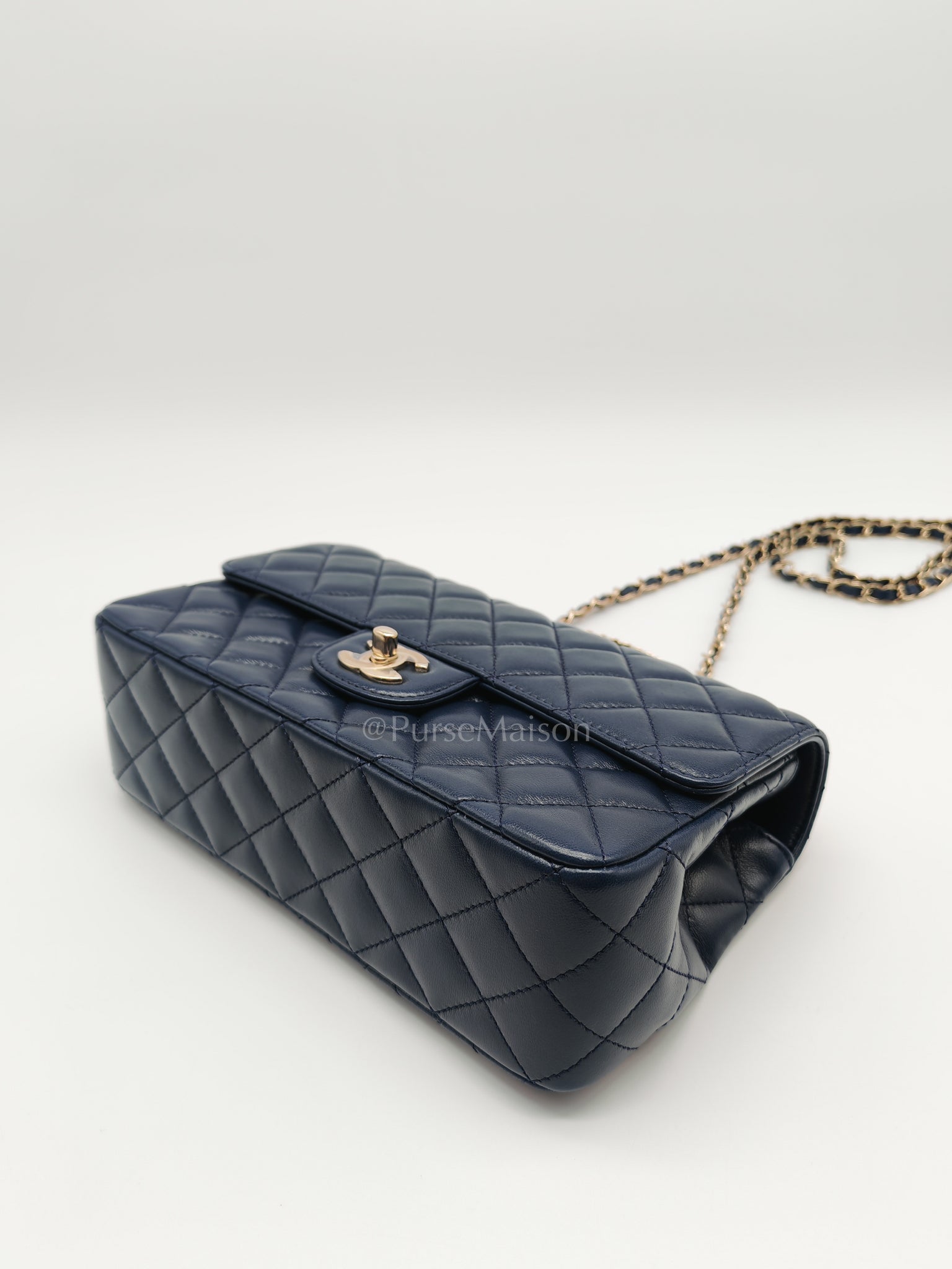 Single Flap in Crystal Top Handle Navy Blue Lambskin Leather and Light Gold Hardware Microchip | Purse Maison Luxury Bags Shop