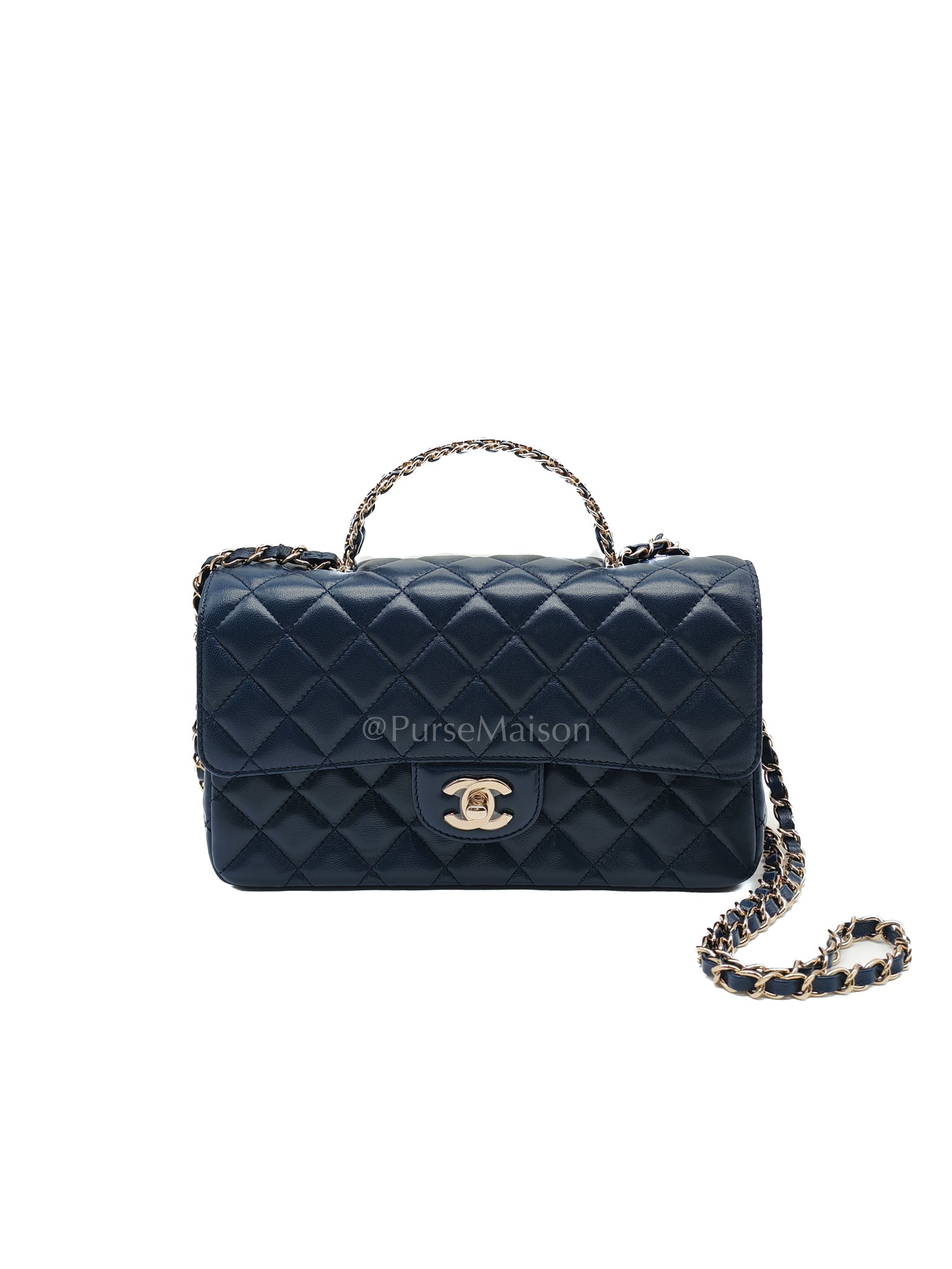Single Flap in Crystal Top Handle Navy Blue Lambskin Leather and Light Gold Hardware Microchip | Purse Maison Luxury Bags Shop
