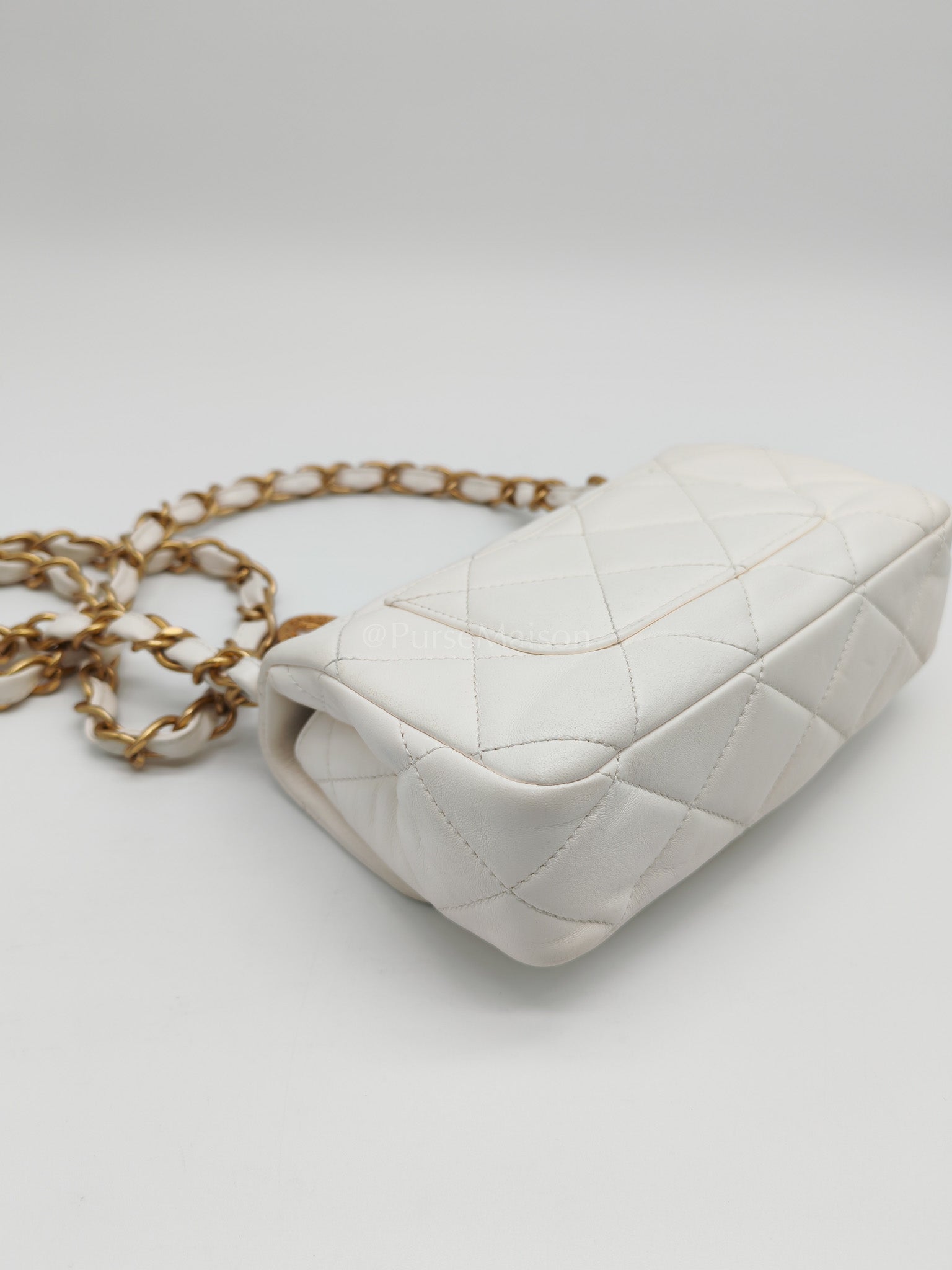 Single Flap Mini White Quilted Lambskin Leather in Aged Gold Hardware (Microchip) | Purse Maison Luxury Bags Shop