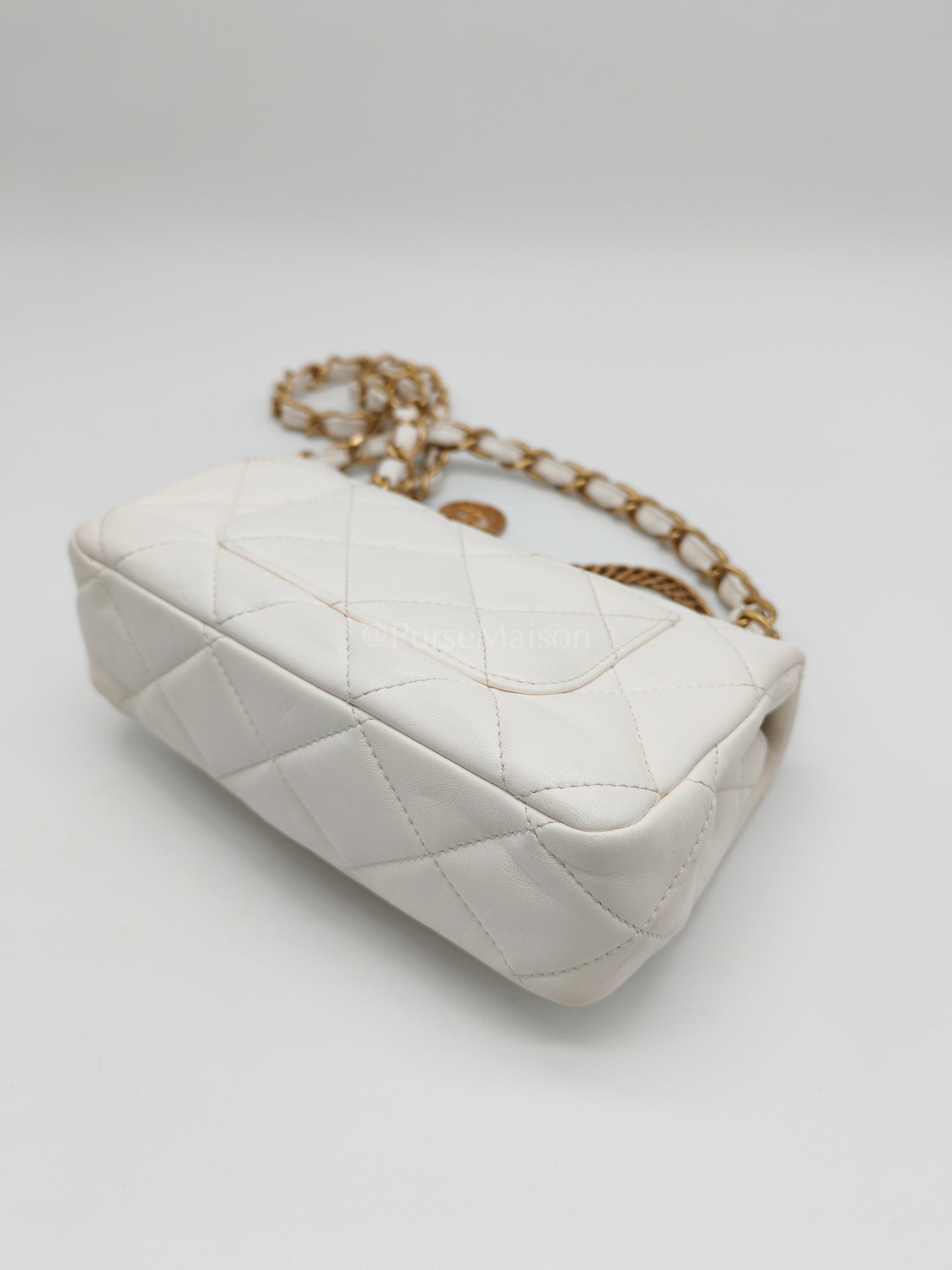 Single Flap Mini White Quilted Lambskin Leather in Aged Gold Hardware (Microchip) | Purse Maison Luxury Bags Shop