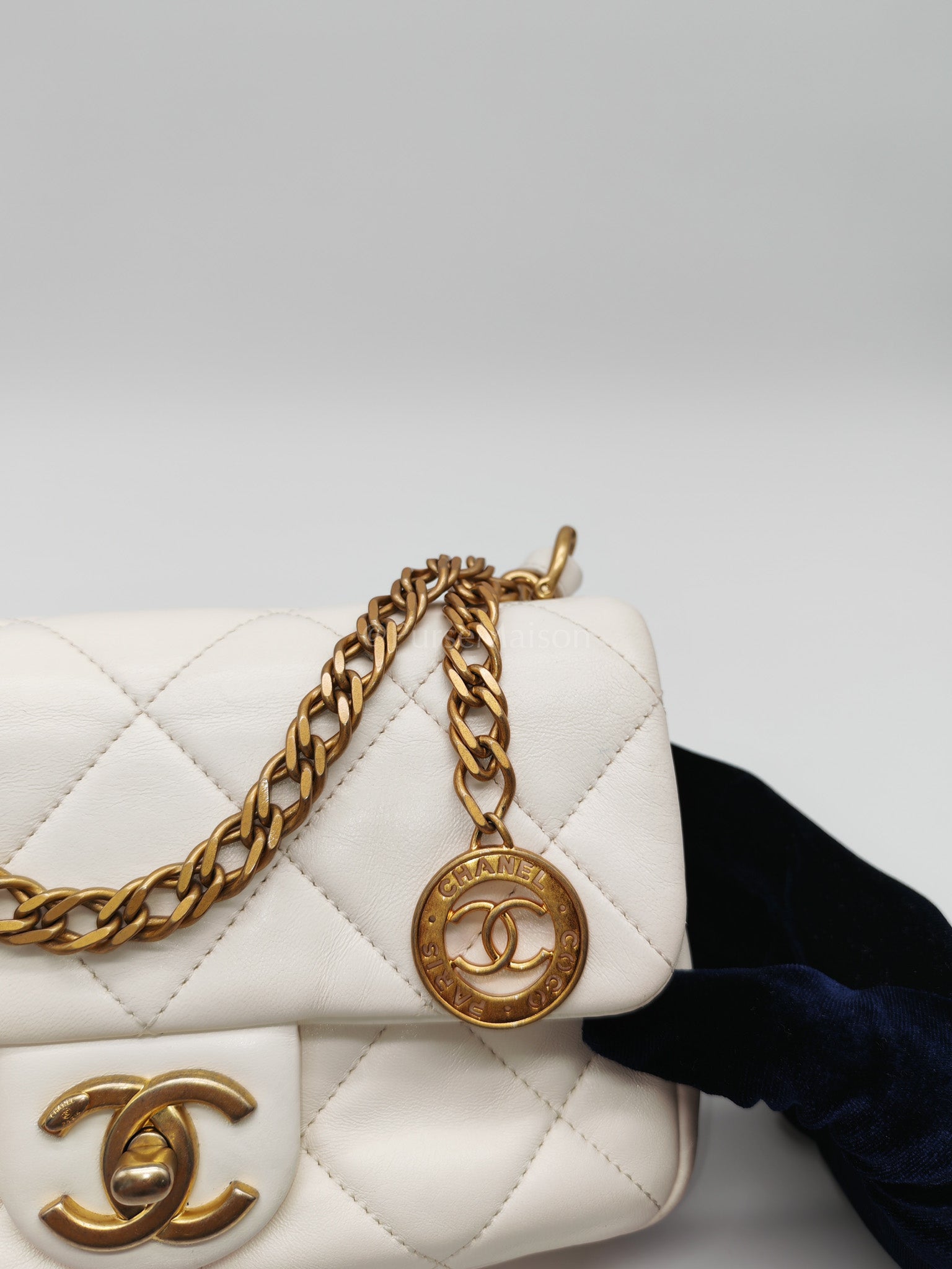 Single Flap Mini White Quilted Lambskin Leather in Aged Gold Hardware (Microchip) | Purse Maison Luxury Bags Shop