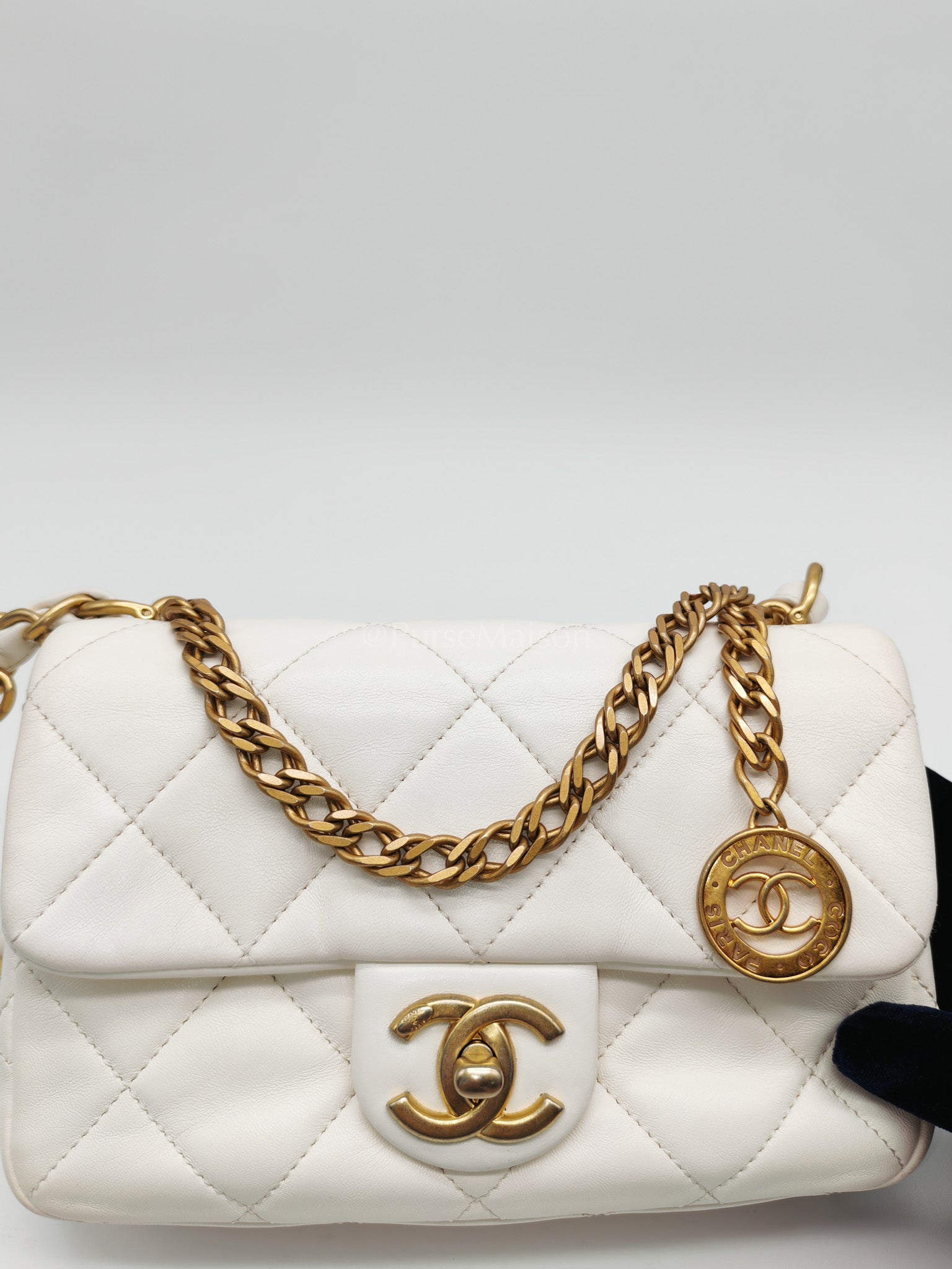 Single Flap Mini White Quilted Lambskin Leather in Aged Gold Hardware (Microchip) | Purse Maison Luxury Bags Shop