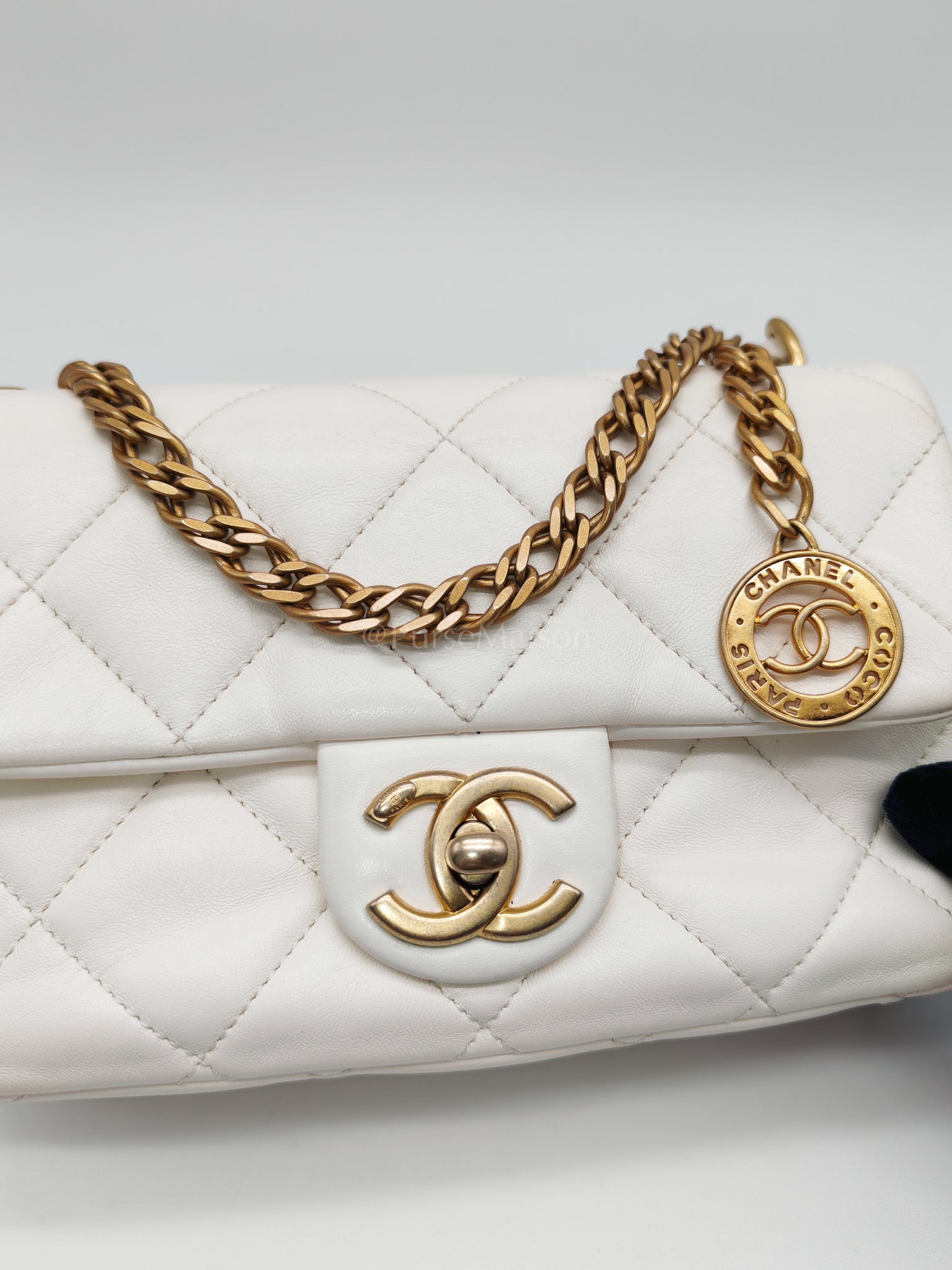 Single Flap Mini White Quilted Lambskin Leather in Aged Gold Hardware (Microchip) | Purse Maison Luxury Bags Shop