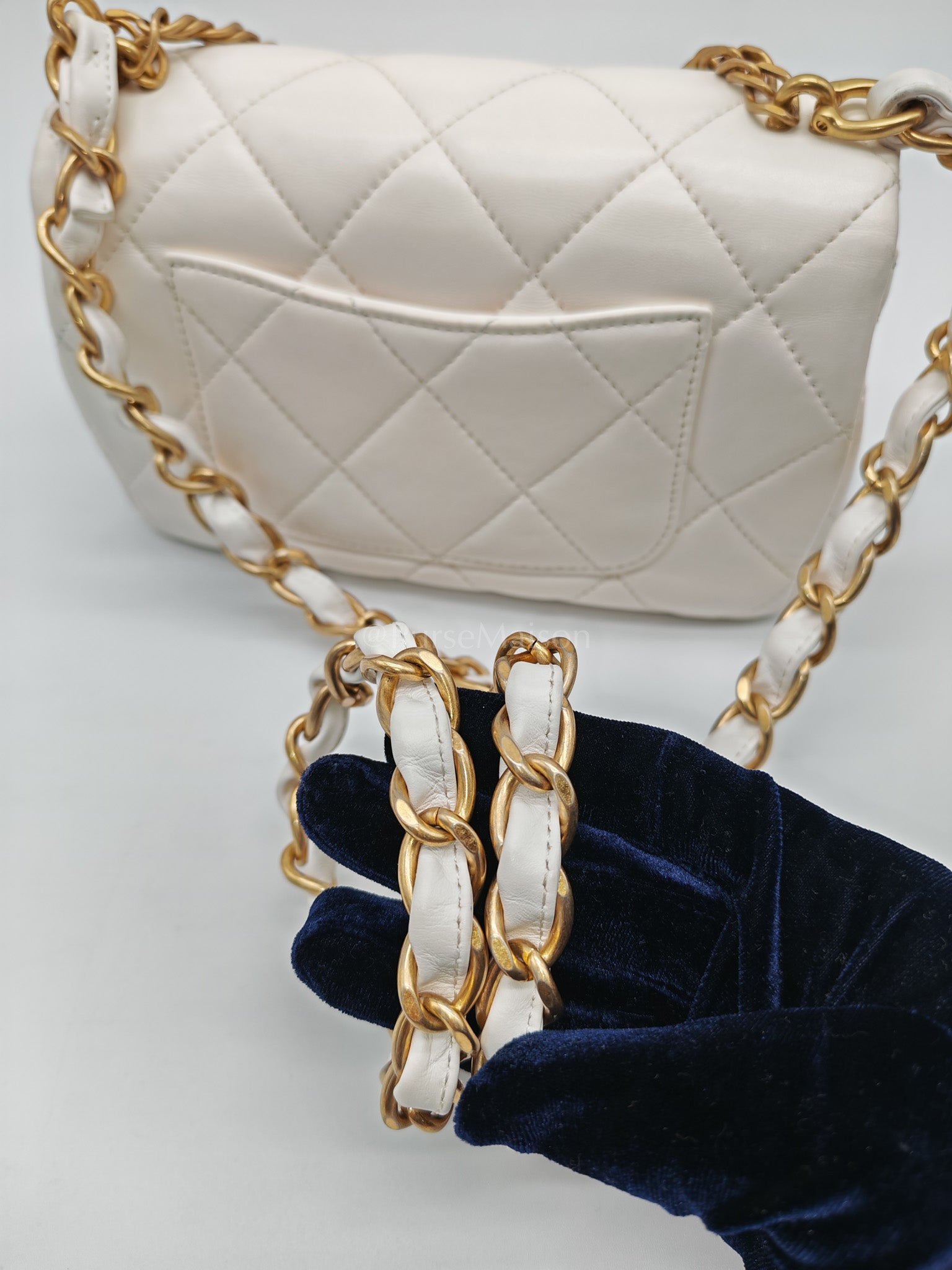 Single Flap Mini White Quilted Lambskin Leather in Aged Gold Hardware (Microchip) | Purse Maison Luxury Bags Shop