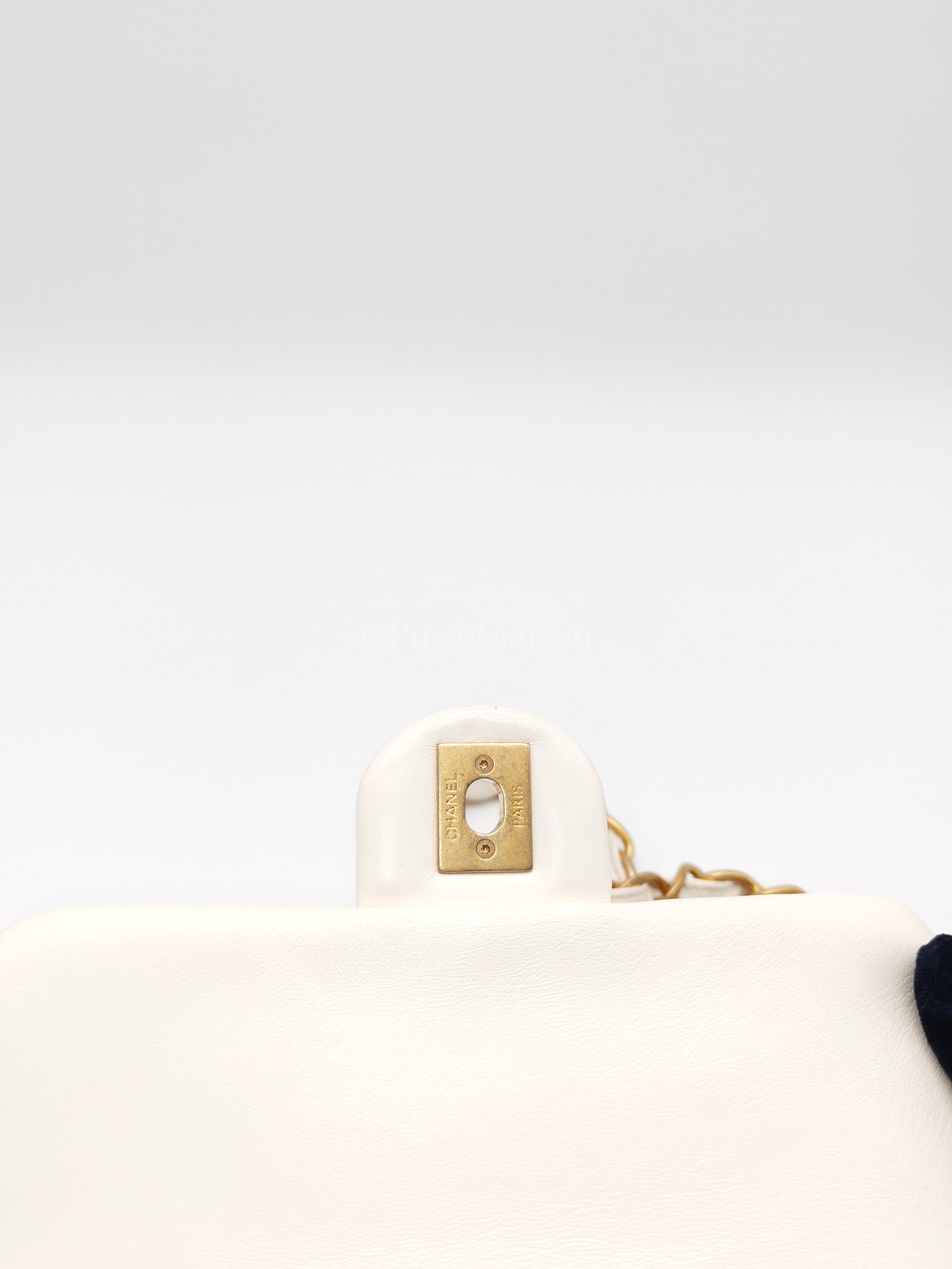 Single Flap Mini White Quilted Lambskin Leather in Aged Gold Hardware (Microchip) | Purse Maison Luxury Bags Shop