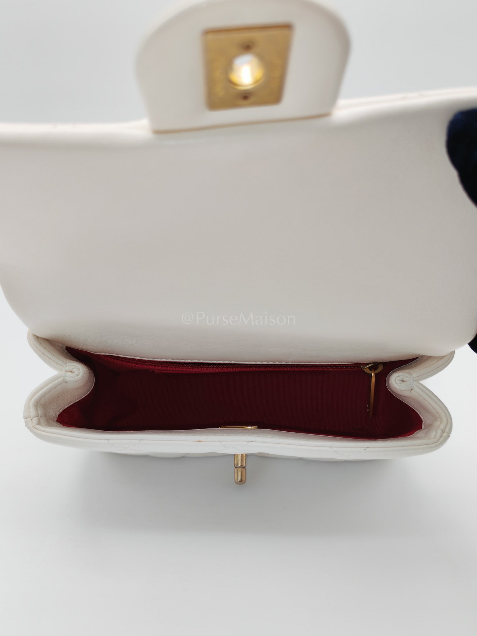 Single Flap Mini White Quilted Lambskin Leather in Aged Gold Hardware (Microchip) | Purse Maison Luxury Bags Shop