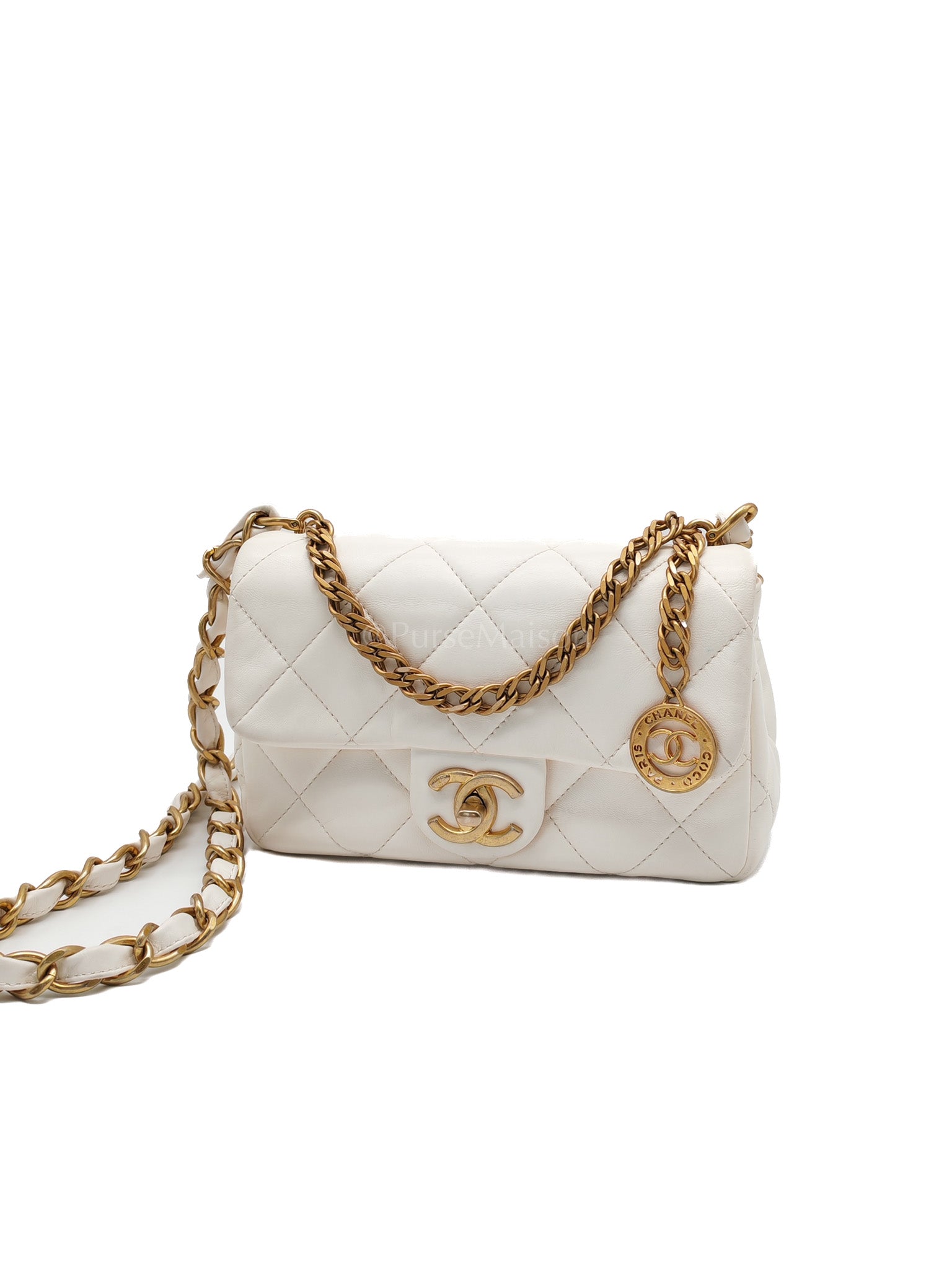 Single Flap Mini White Quilted Lambskin Leather in Aged Gold Hardware (Microchip) | Purse Maison Luxury Bags Shop
