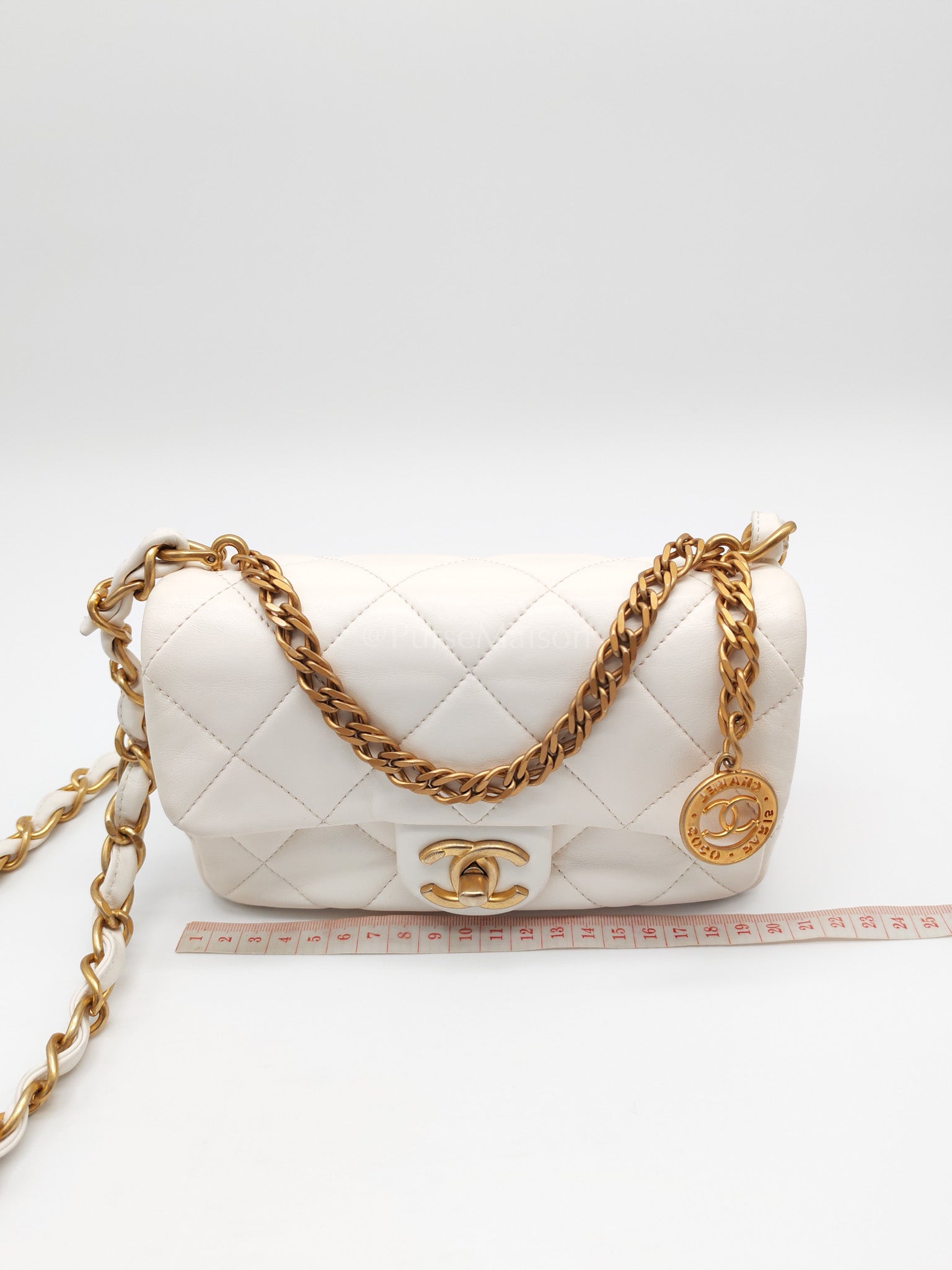 Single Flap Mini White Quilted Lambskin Leather in Aged Gold Hardware (Microchip) | Purse Maison Luxury Bags Shop
