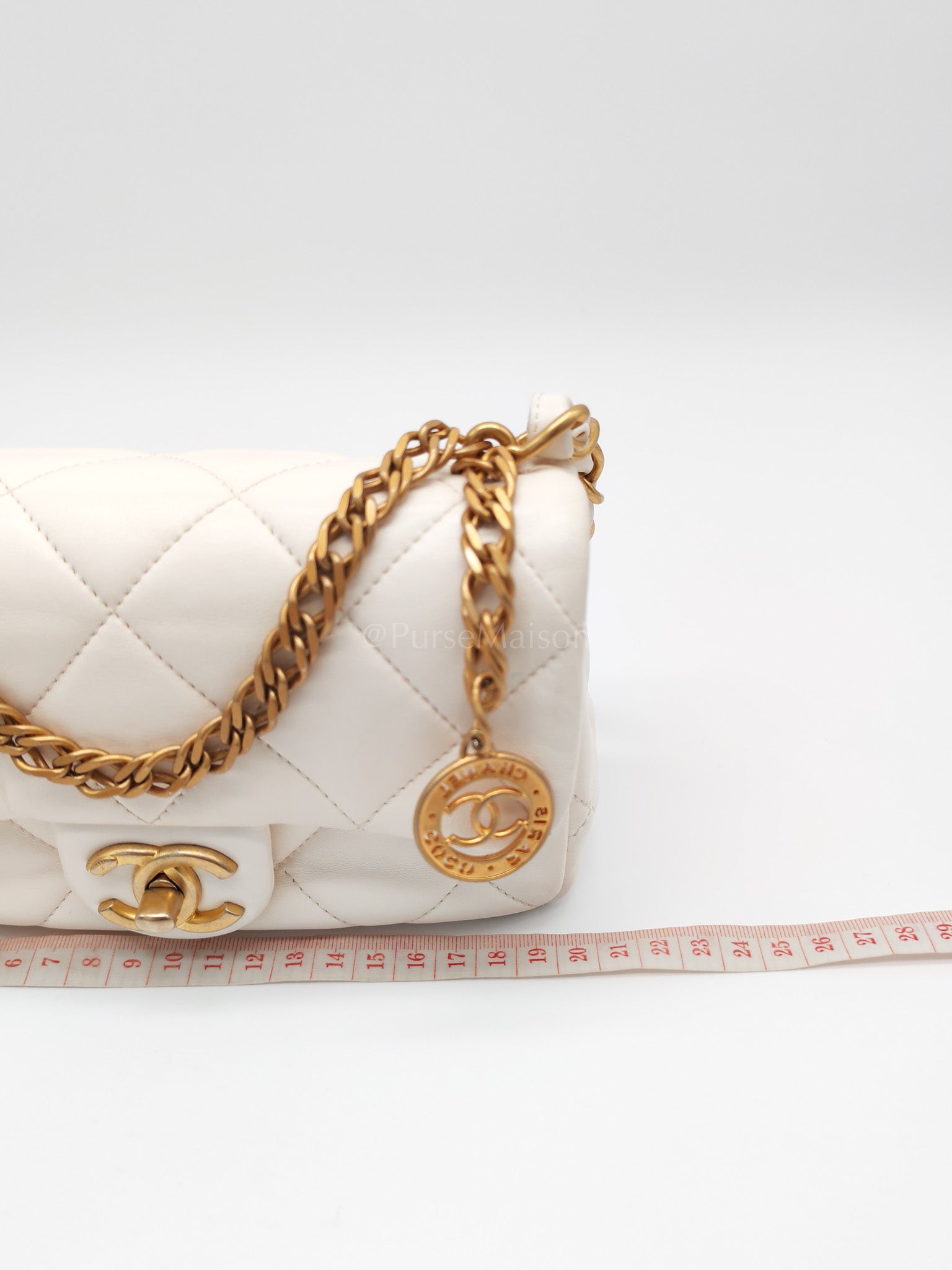Single Flap Mini White Quilted Lambskin Leather in Aged Gold Hardware (Microchip) | Purse Maison Luxury Bags Shop