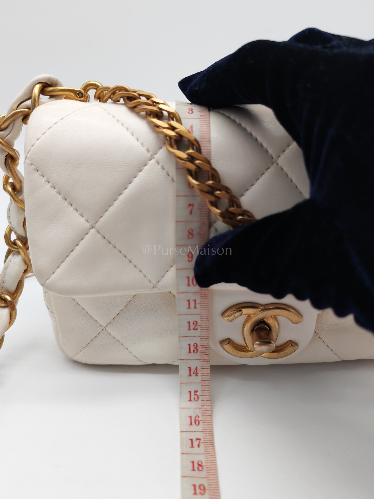 Single Flap Mini White Quilted Lambskin Leather in Aged Gold Hardware (Microchip) | Purse Maison Luxury Bags Shop