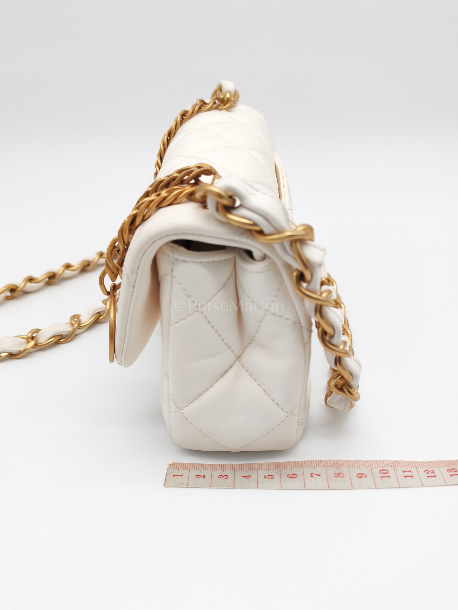 Single Flap Mini White Quilted Lambskin Leather in Aged Gold Hardware (Microchip) | Purse Maison Luxury Bags Shop