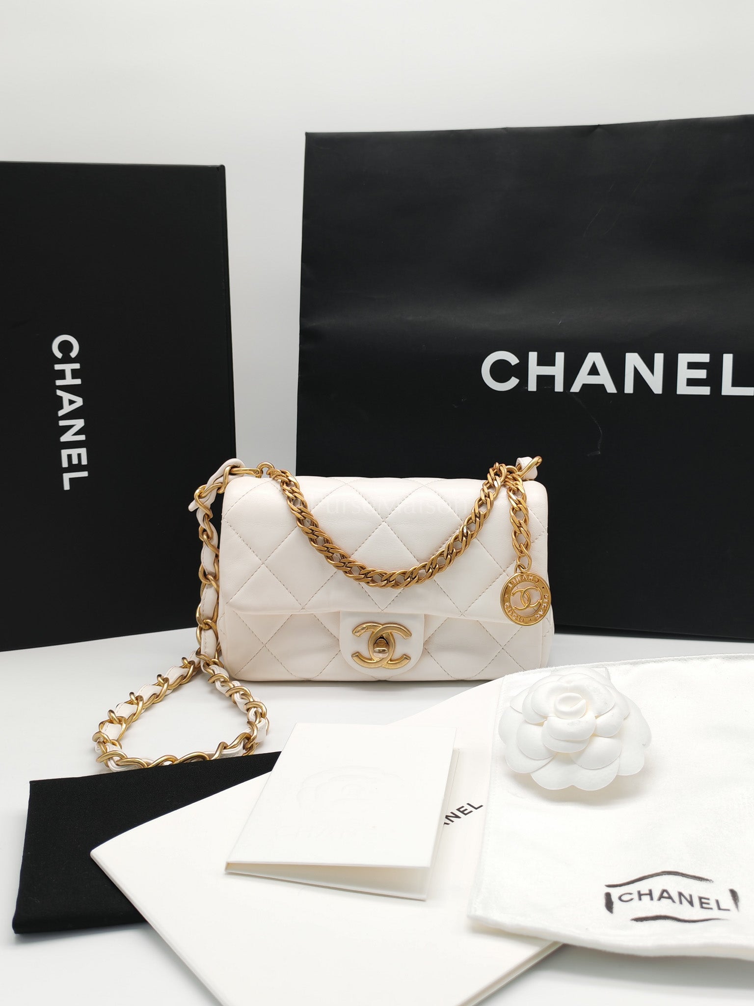 Single Flap Mini White Quilted Lambskin Leather in Aged Gold Hardware (Microchip) | Purse Maison Luxury Bags Shop