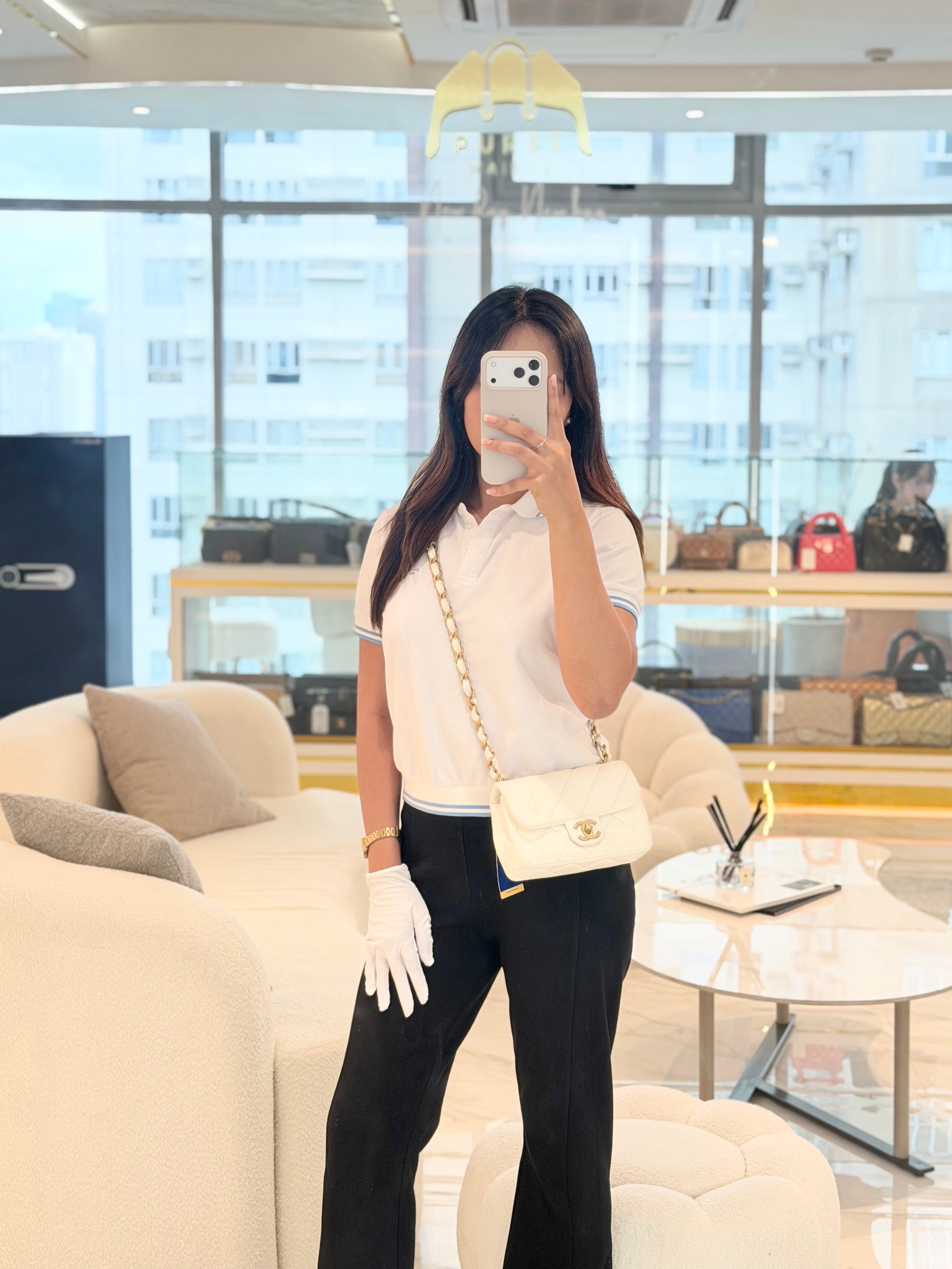 Single Flap Mini White Quilted Lambskin Leather in Aged Gold Hardware (Microchip) | Purse Maison Luxury Bags Shop