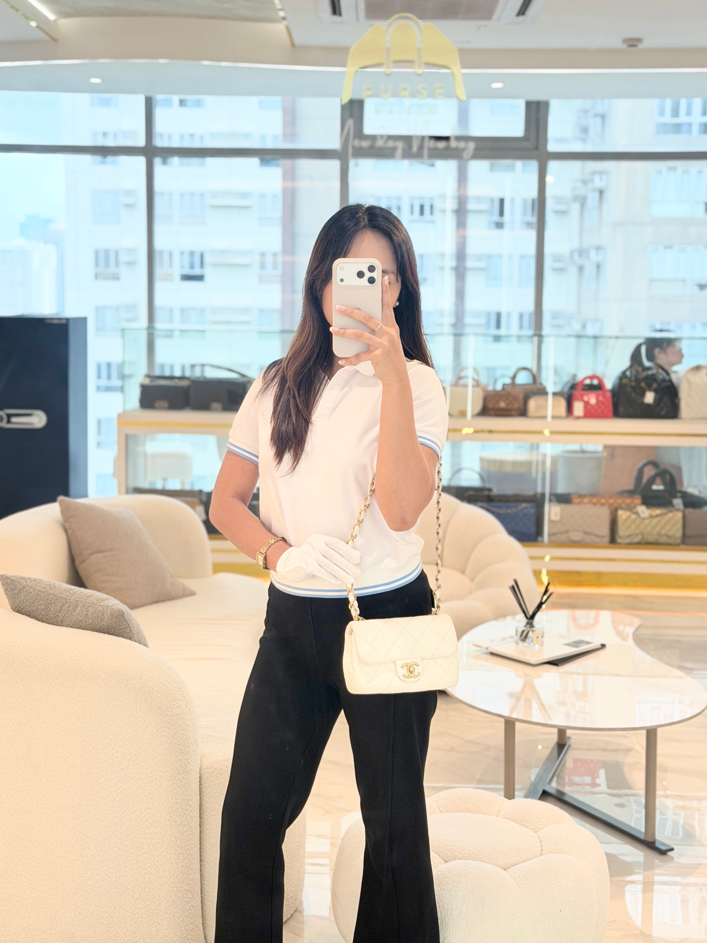 Single Flap Mini White Quilted Lambskin Leather in Aged Gold Hardware (Microchip) | Purse Maison Luxury Bags Shop