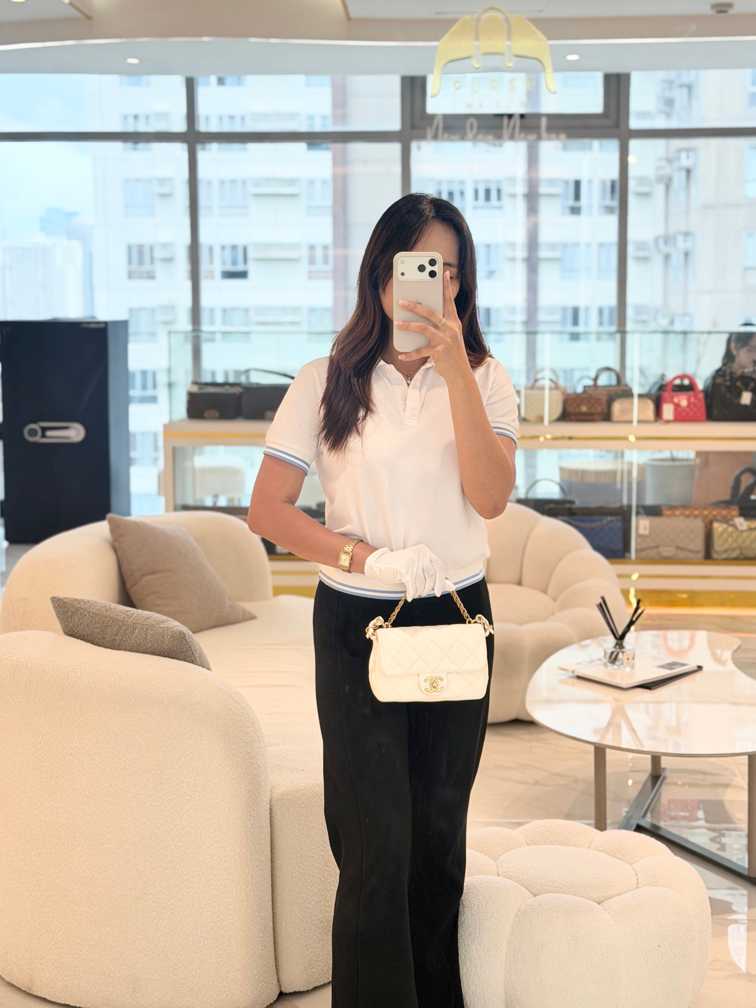 Single Flap Mini White Quilted Lambskin Leather in Aged Gold Hardware (Microchip) | Purse Maison Luxury Bags Shop