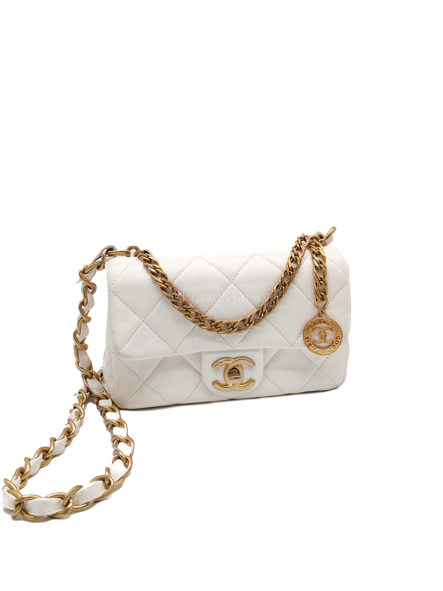 Single Flap Mini White Quilted Lambskin Leather in Aged Gold Hardware (Microchip) | Purse Maison Luxury Bags Shop