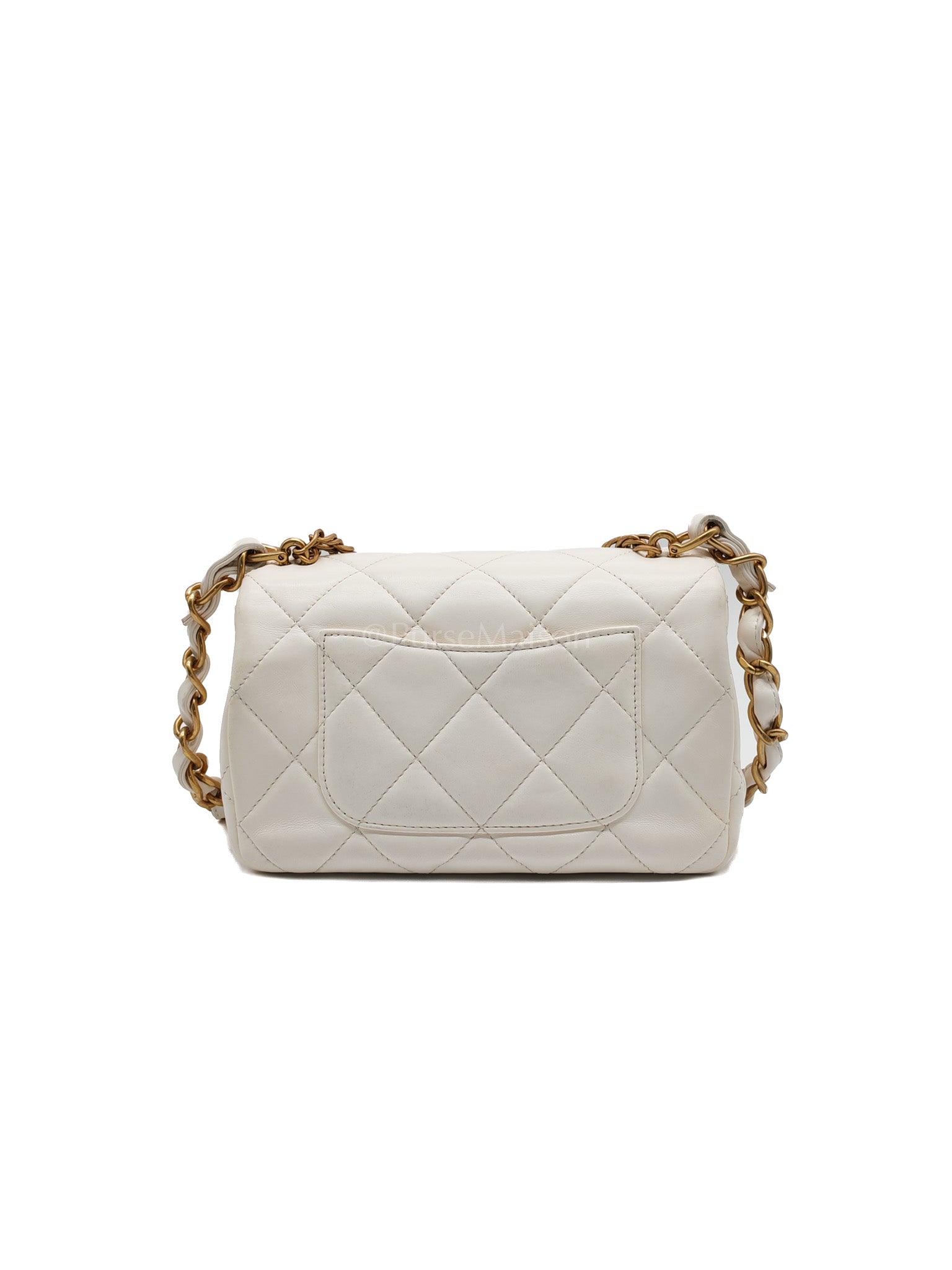 Single Flap Mini White Quilted Lambskin Leather in Aged Gold Hardware (Microchip) | Purse Maison Luxury Bags Shop