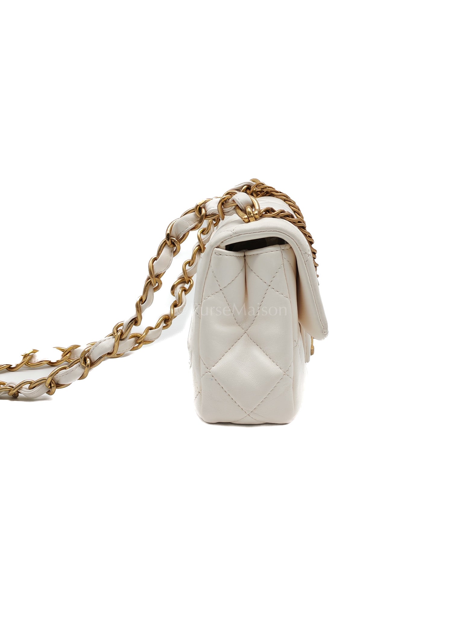 Single Flap Mini White Quilted Lambskin Leather in Aged Gold Hardware (Microchip) | Purse Maison Luxury Bags Shop
