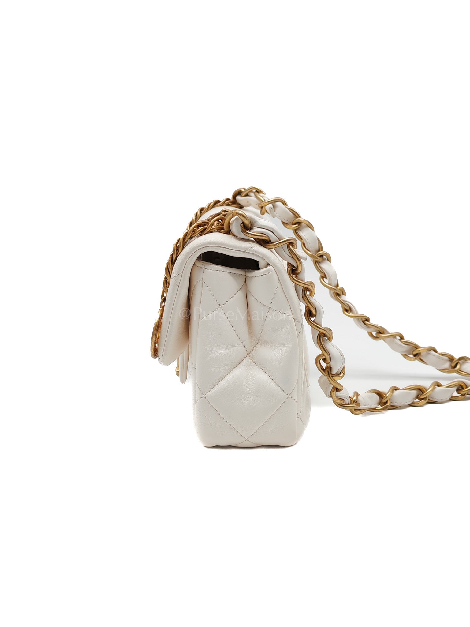 Single Flap Mini White Quilted Lambskin Leather in Aged Gold Hardware (Microchip) | Purse Maison Luxury Bags Shop