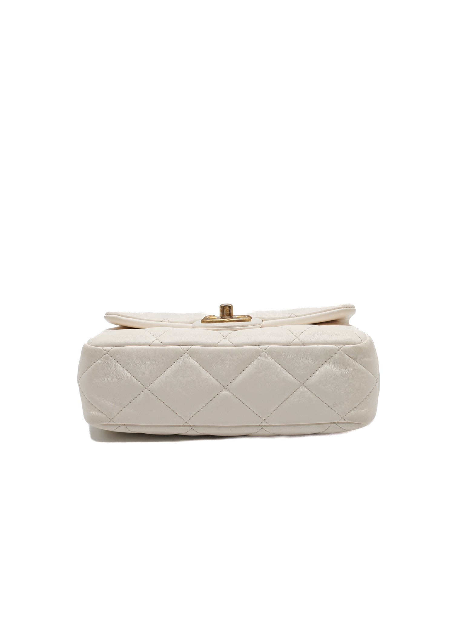 Single Flap Mini White Quilted Lambskin Leather in Aged Gold Hardware (Microchip) | Purse Maison Luxury Bags Shop
