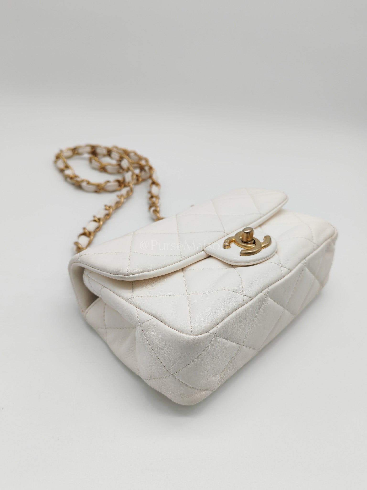 Single Flap Mini White Quilted Lambskin Leather in Aged Gold Hardware (Microchip) | Purse Maison Luxury Bags Shop