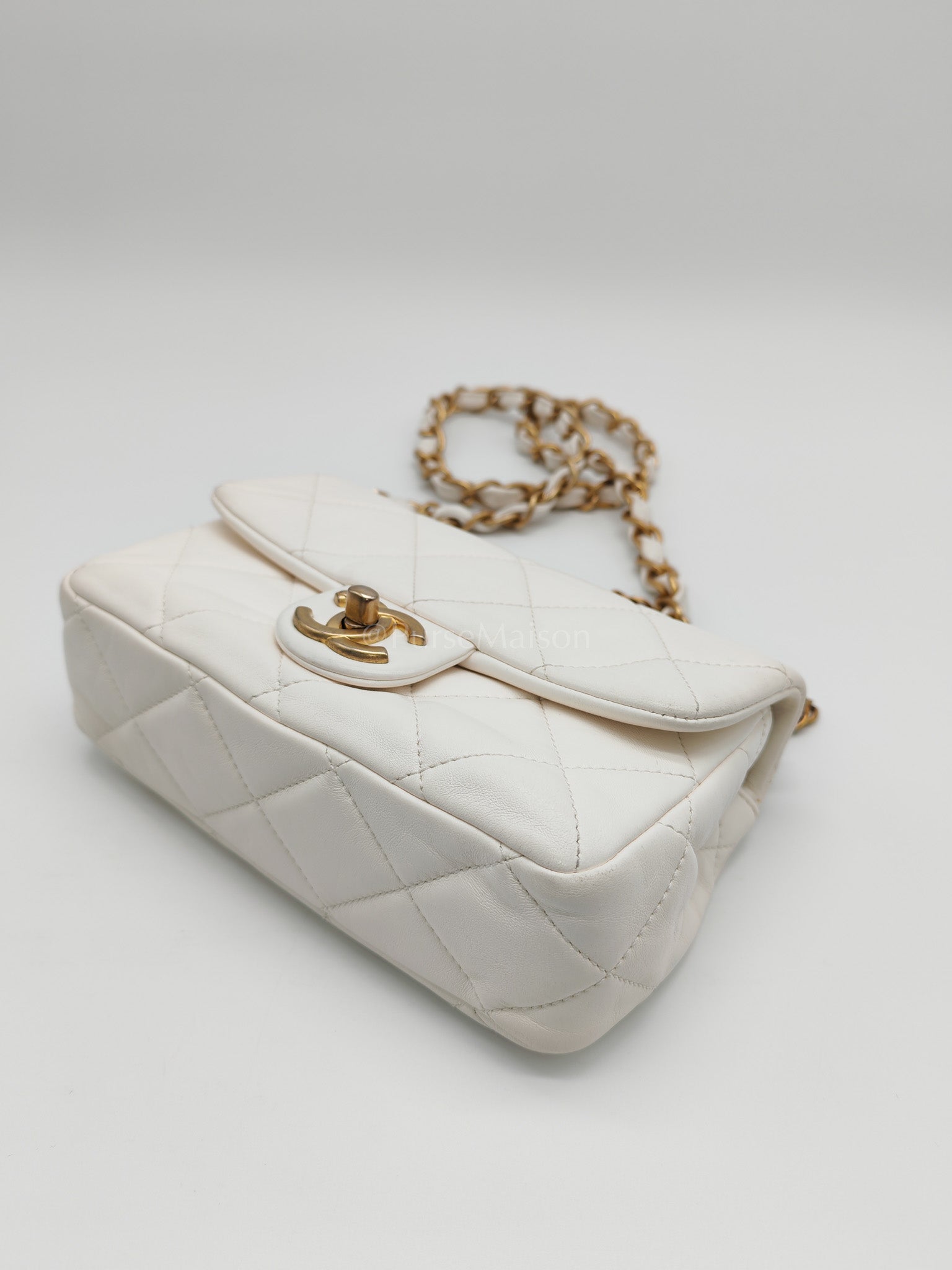 Single Flap Mini White Quilted Lambskin Leather in Aged Gold Hardware (Microchip) | Purse Maison Luxury Bags Shop