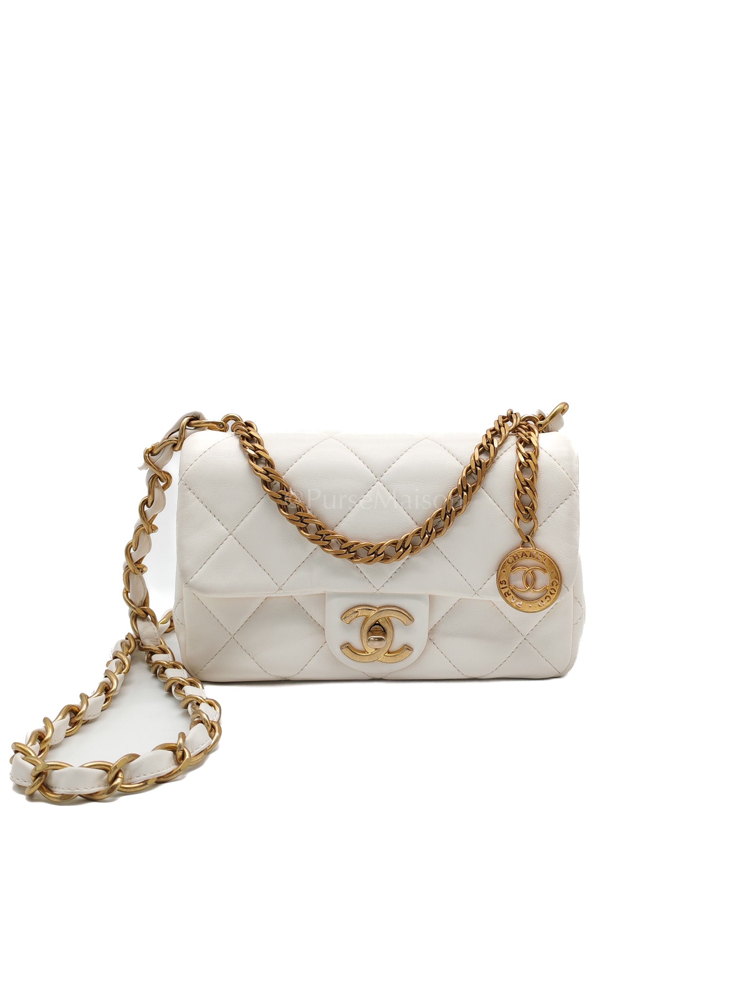 Single Flap Mini White Quilted Lambskin Leather in Aged Gold Hardware (Microchip) | Purse Maison Luxury Bags Shop