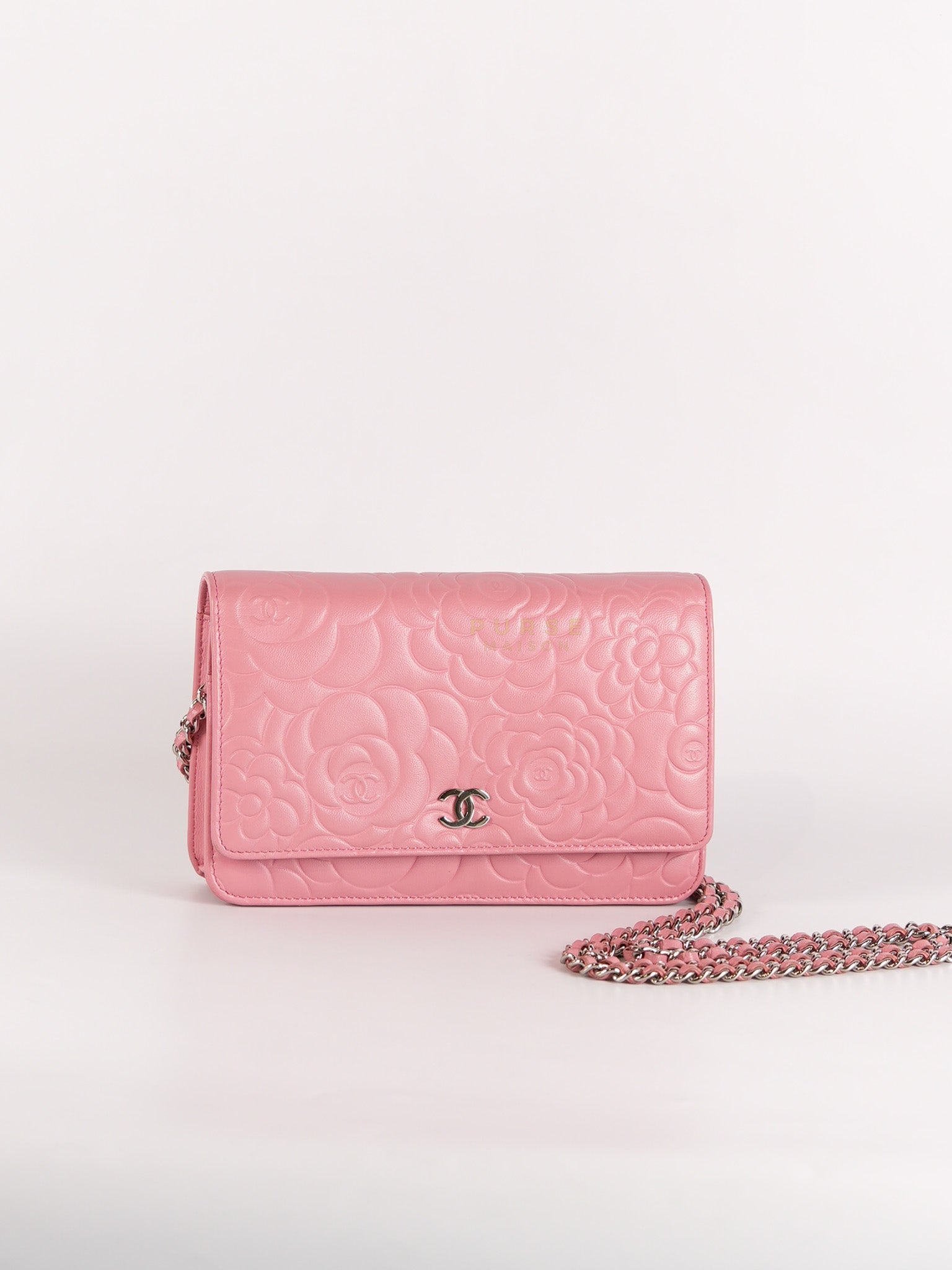 Camellia Embossed Wallet On Chain (WOC) in Pink Lambskin Leather and Silver Hardware Series 16