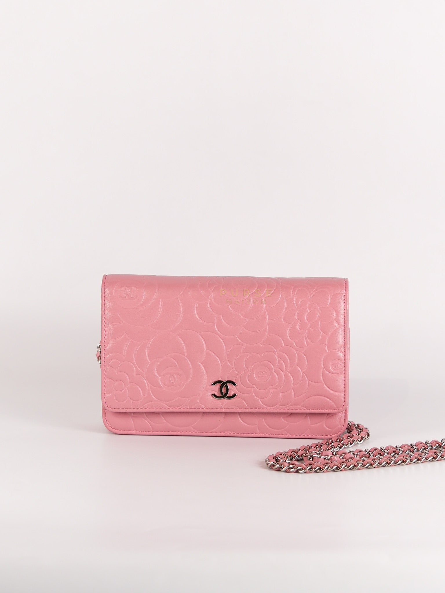 Camellia Embossed Wallet On Chain (WOC) in Pink Lambskin Leather and Silver Hardware Series 16