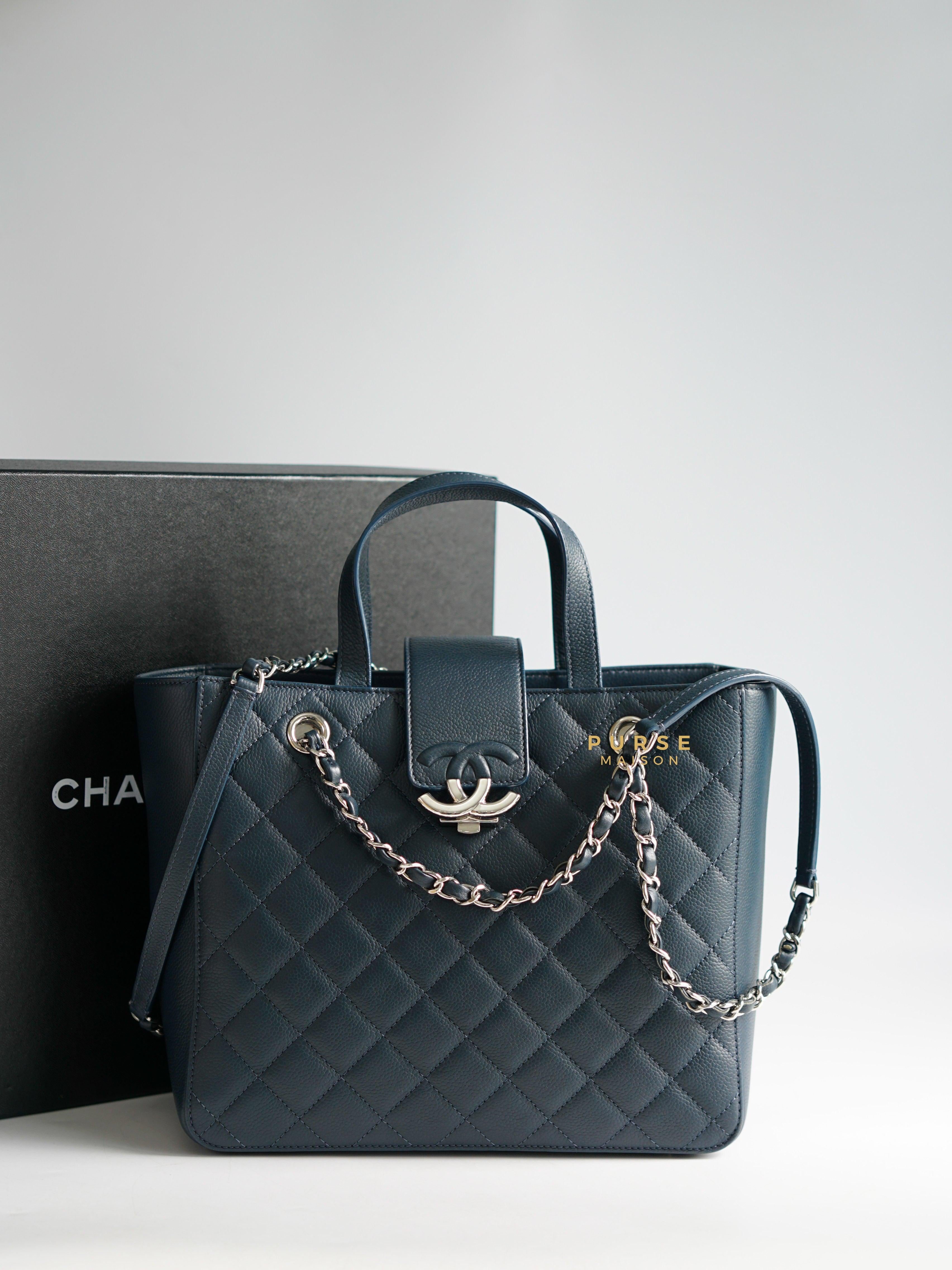 Chanel Small CC Box Shopping Tote Navy Blue Caviar & Silver Hardware Series 24 | Purse Maison Luxury Bags Shop