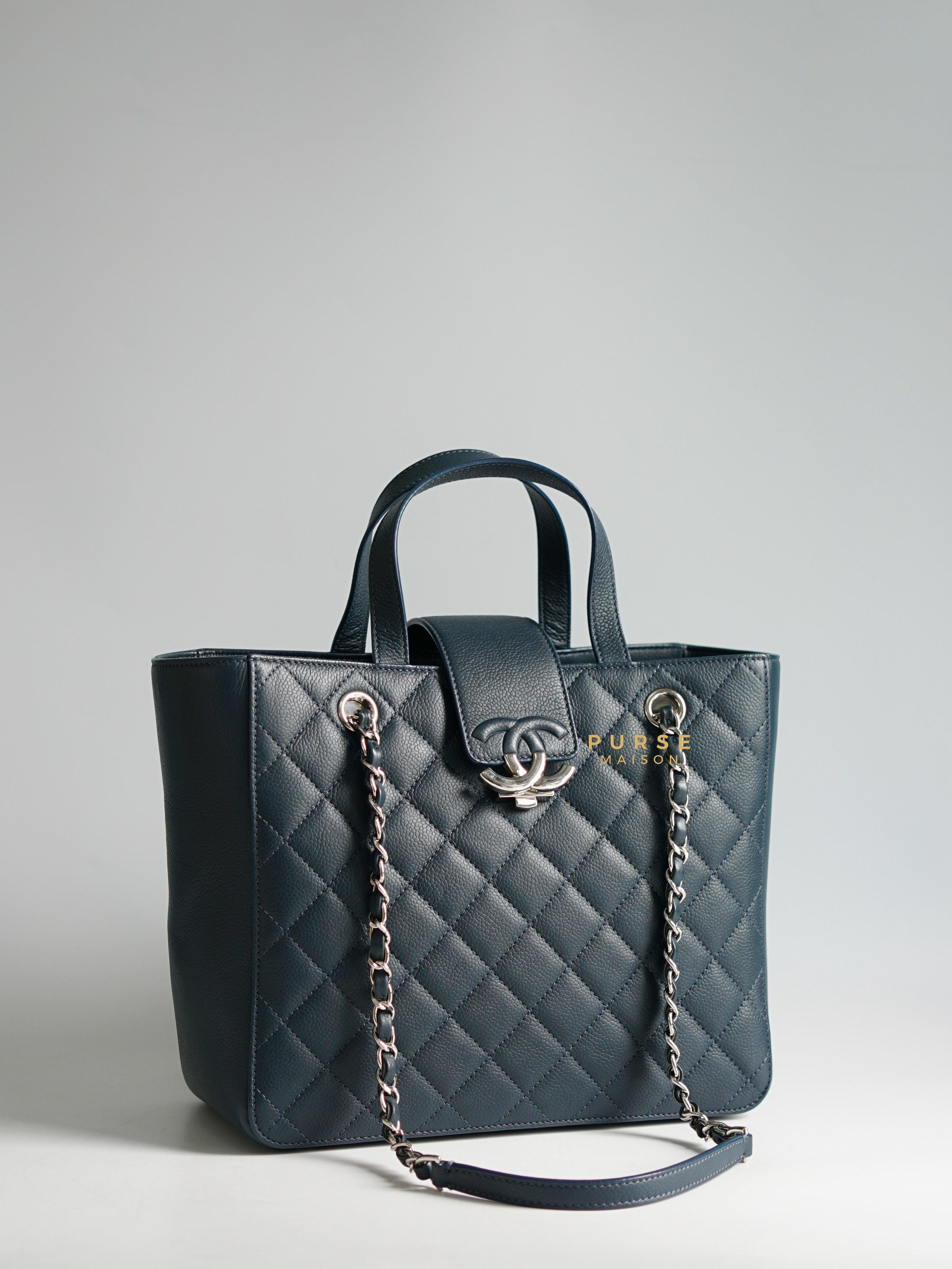 Chanel Small CC Box Shopping Tote Navy Blue Caviar & Silver Hardware Series 24 | Purse Maison Luxury Bags Shop