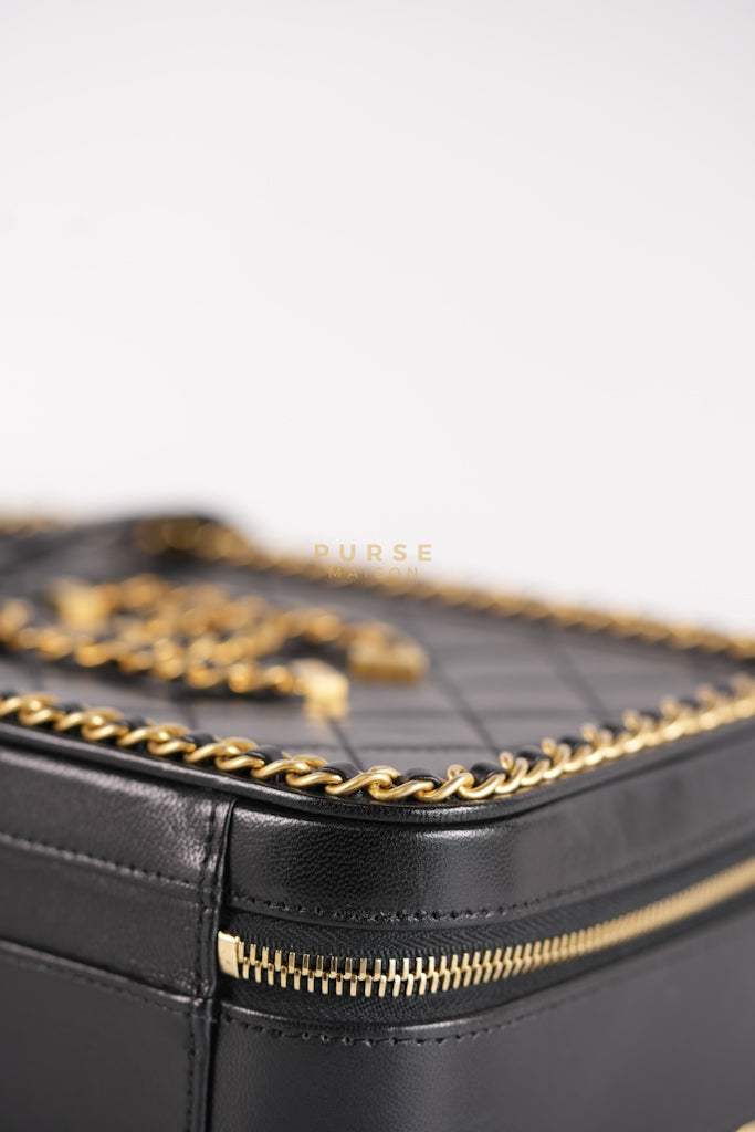 Small CC Filigree Never Ending Vanity Case in Black Goatskin Leather & Aged Gold Hardware Series 29 | Purse Maison Luxury Bags Shop