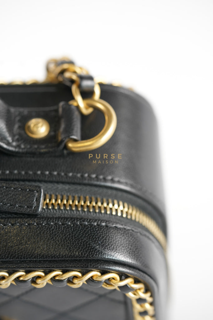 Small CC Filigree Never Ending Vanity Case in Black Goatskin Leather & Aged Gold Hardware Series 29 | Purse Maison Luxury Bags Shop