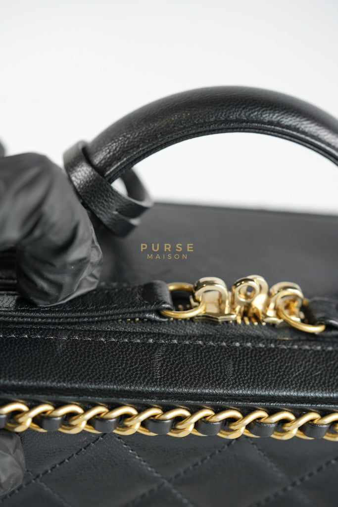 Small CC Filigree Never Ending Vanity Case in Black Goatskin Leather & Aged Gold Hardware Series 29 | Purse Maison Luxury Bags Shop