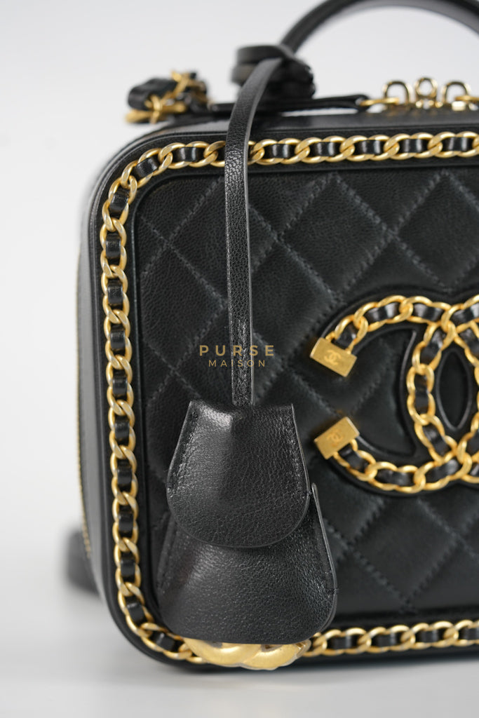 Small CC Filigree Never Ending Vanity Case in Black Goatskin Leather & Aged Gold Hardware Series 29 | Purse Maison Luxury Bags Shop