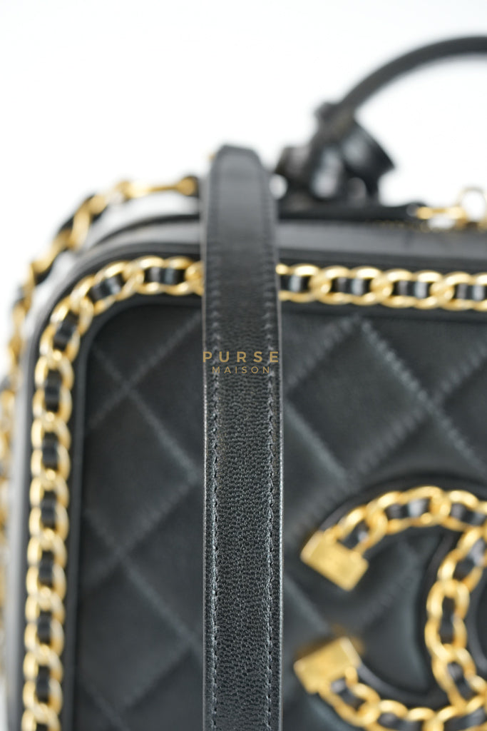 Small CC Filigree Never Ending Vanity Case in Black Goatskin Leather & Aged Gold Hardware Series 29 | Purse Maison Luxury Bags Shop
