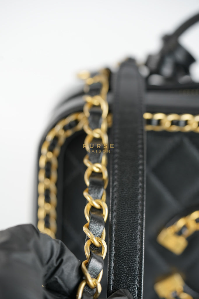 Small CC Filigree Never Ending Vanity Case in Black Goatskin Leather & Aged Gold Hardware Series 29 | Purse Maison Luxury Bags Shop