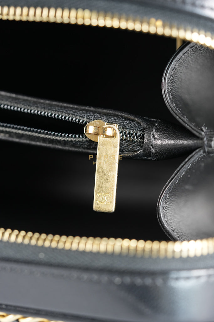 Small CC Filigree Never Ending Vanity Case in Black Goatskin Leather & Aged Gold Hardware Series 29 | Purse Maison Luxury Bags Shop