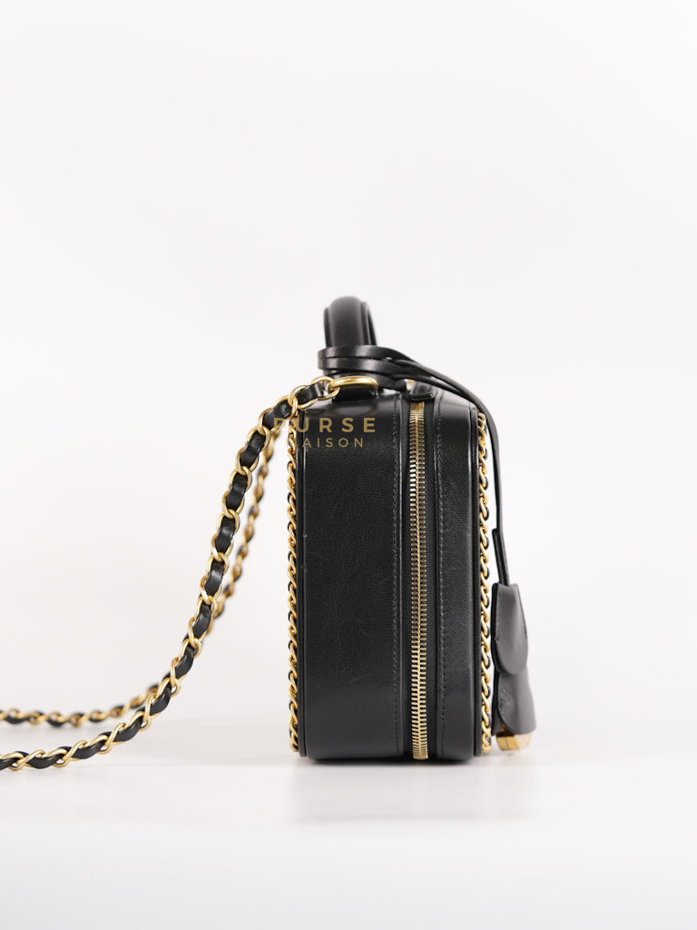 Small CC Filigree Never Ending Vanity Case in Black Goatskin Leather & Aged Gold Hardware Series 29 | Purse Maison Luxury Bags Shop