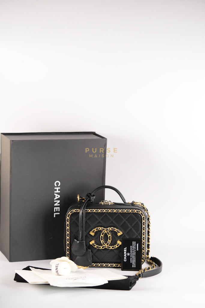 Small CC Filigree Never Ending Vanity Case in Black Goatskin Leather & Aged Gold Hardware Series 29 | Purse Maison Luxury Bags Shop