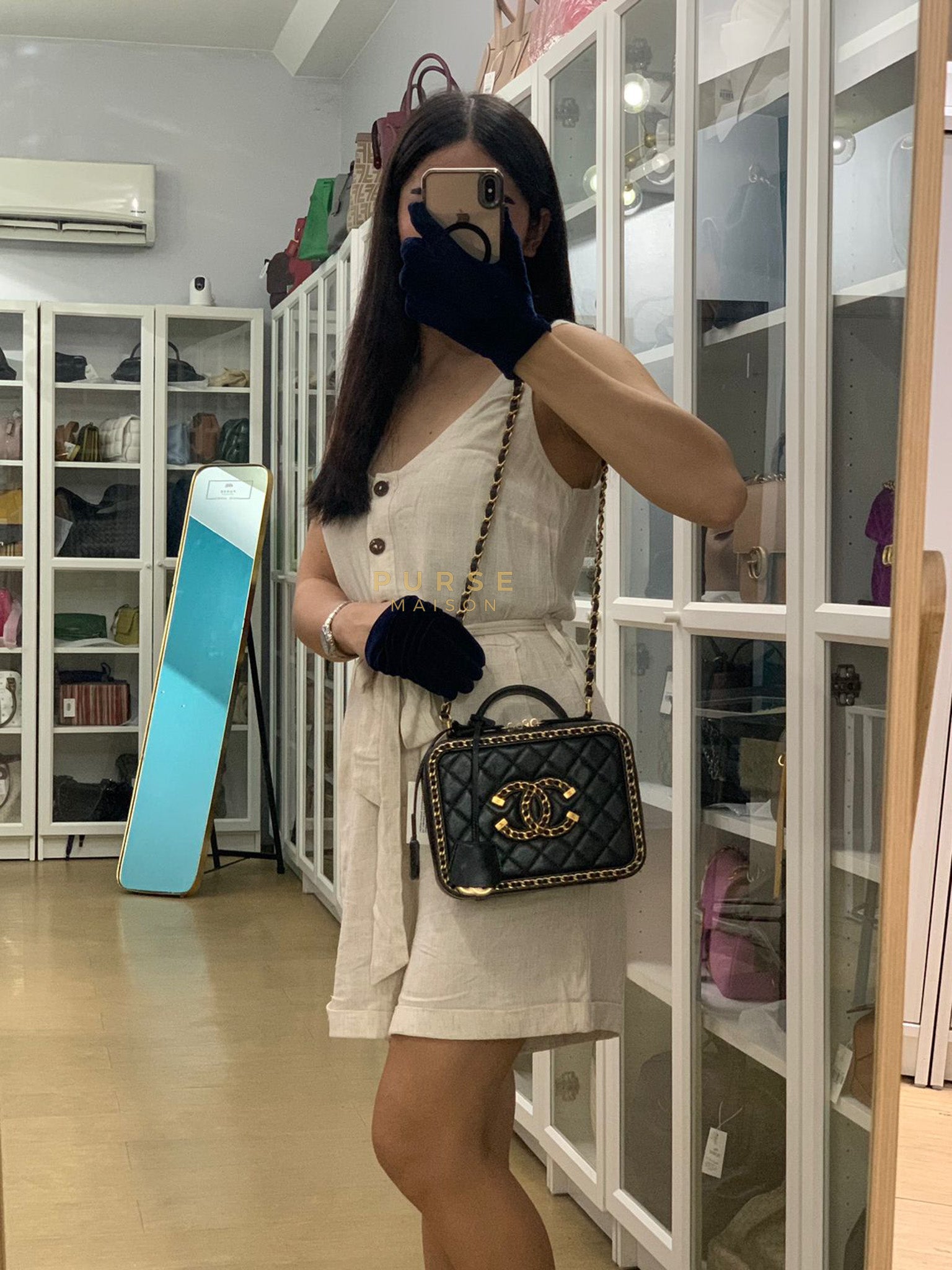 Small CC Filigree Never Ending Vanity Case in Black Goatskin Leather & Aged Gold Hardware Series 29 | Purse Maison Luxury Bags Shop
