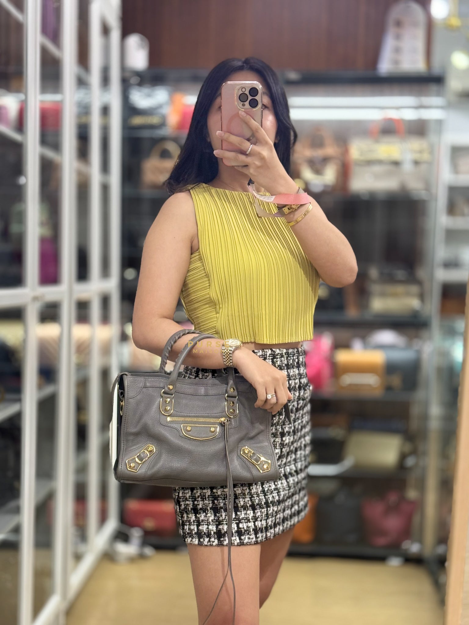 Small City Metallic Edge Bag in Gray Leather and Gold Hardware | Purse Maison Luxury Bags Shop