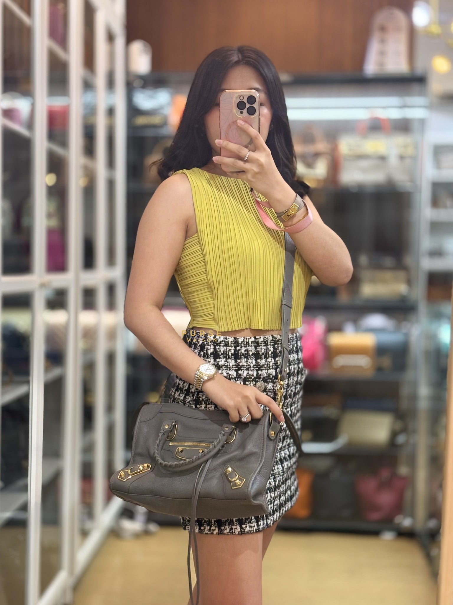 Small City Metallic Edge Bag in Gray Leather and Gold Hardware | Purse Maison Luxury Bags Shop